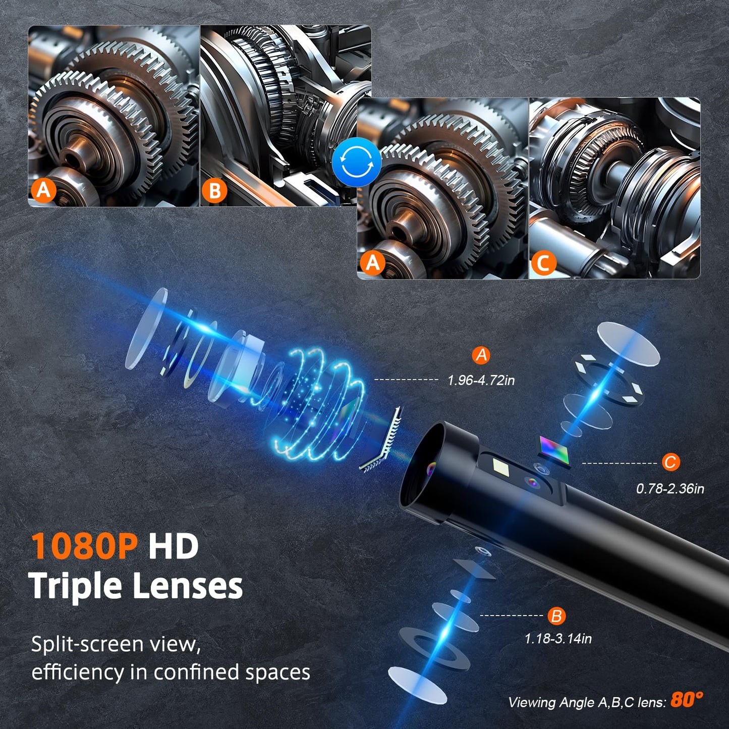 Triple-Lens Borescope Inspection Camera With 50 FT Semi-Rigid Cable, 5" IPS Screen Endoscope With Light, 1080P Sewer IP67 Drain Snake, 32G Storage Card, Carrying Case