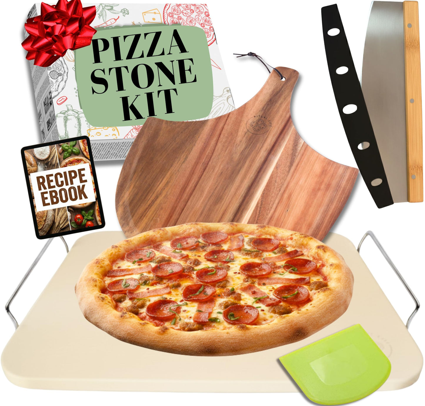Pizza Stone - Pizza Stones for Oven and BBQ Grill - 5 PCS Pizza Making Accessories, 15 inch Pizza Stone with Handles, Wood Peel, Pizza Cutter, Dough Tool - Baking Stone - Pierre a Pizza 38cm x 30.5cm