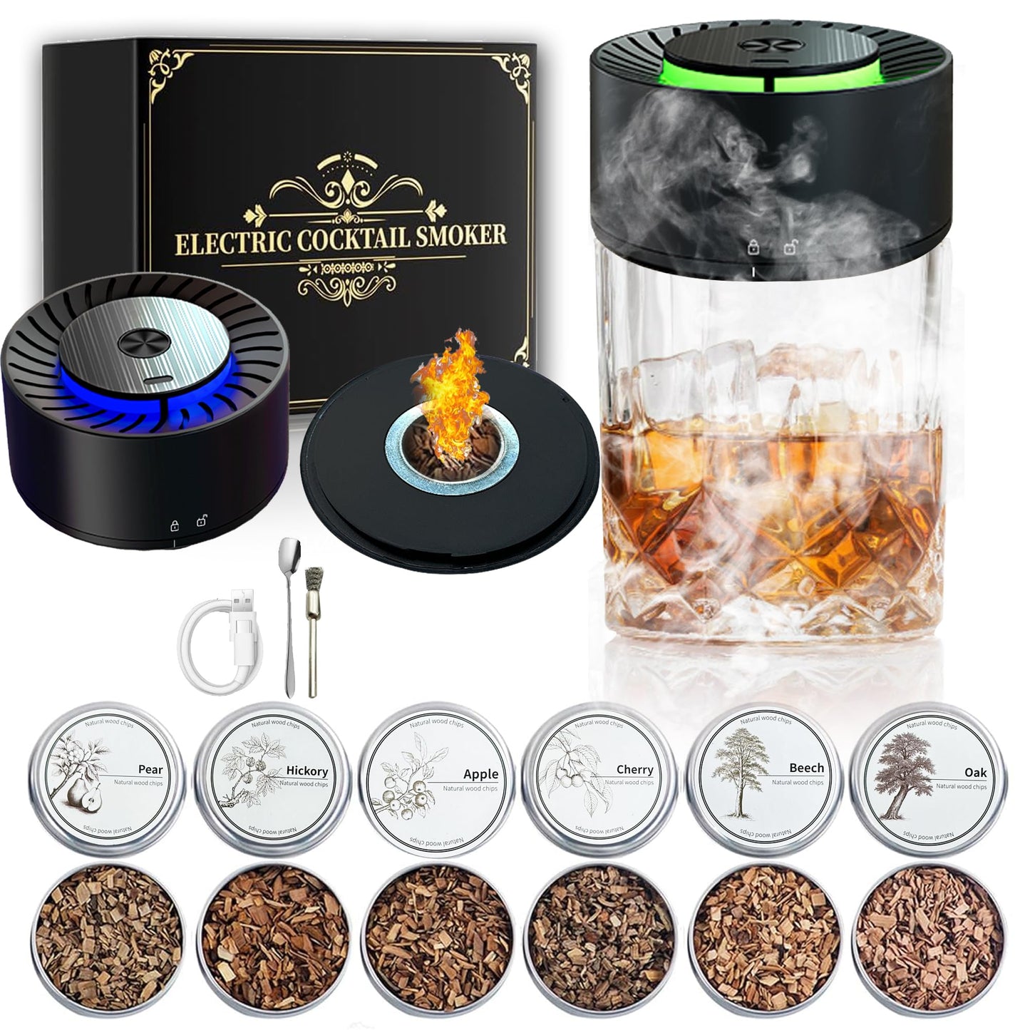 Electric Whiskey Smoker Kit,Rechargeable Cocktail Smoker Kit Built-in Lighter with LED Light and 6 Wood Chips, Old Fashioned Smoker Kit, Bourbon Whiskey Gift Ideas for Men/Dad/Husband