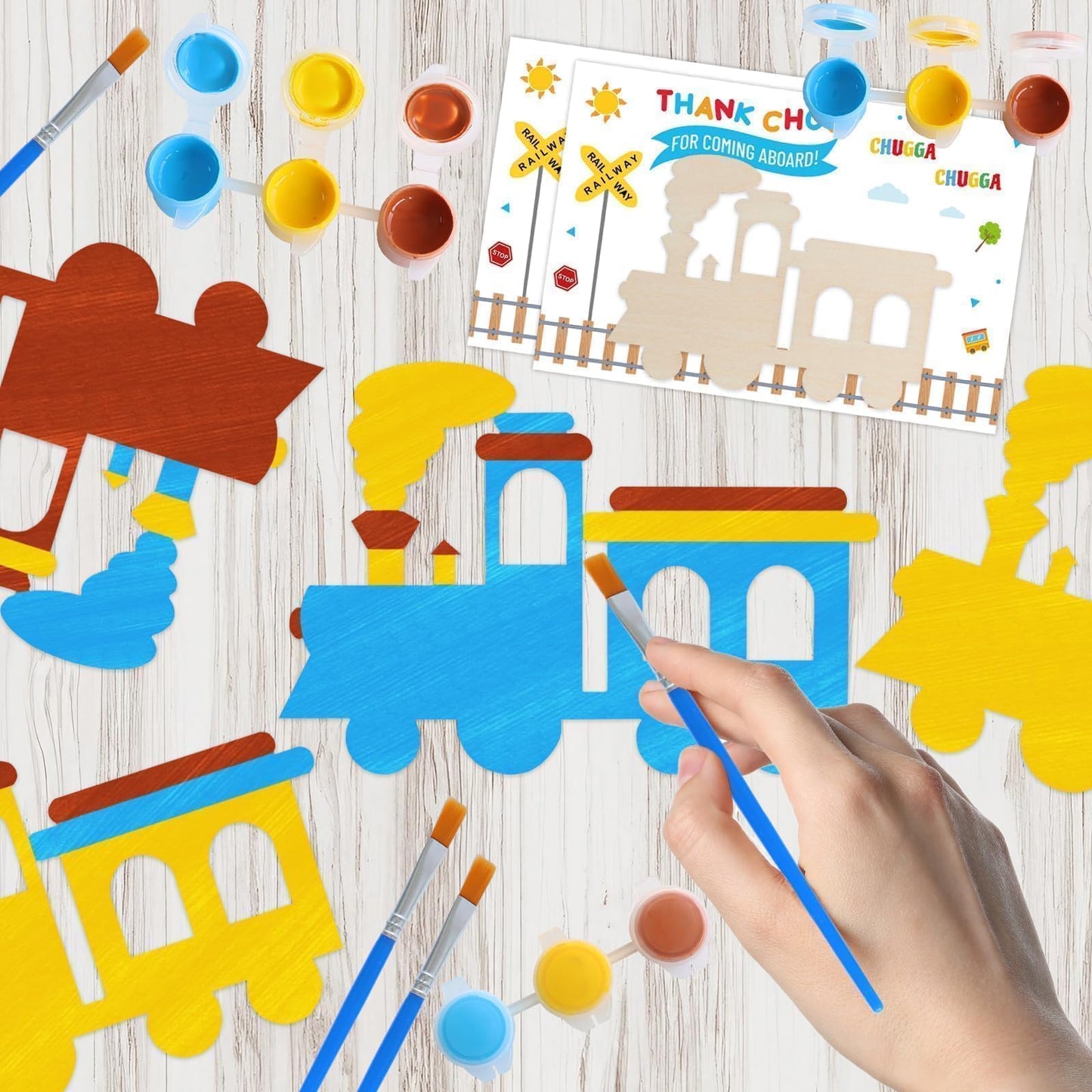 12-Pack Pre-Packaged Train Party Favors, Wooden Train Cutouts with Magnets & Painting Kits for Kids, Choo Choo Birthday Decorations & Thank You Gifts for Guests