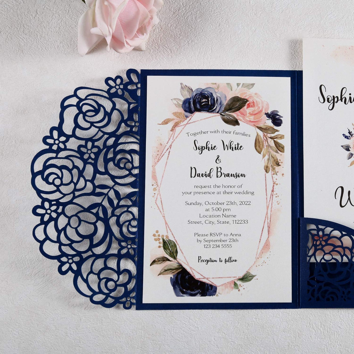 DreamBuilt 4.7 x7 inch 50PCS Blank Navy Blue Wedding Invitations Kit Laser Cut Hollow Rose Pocket Wedding Invitation Cards with Envelopes for Wedding Bridal Shower Engagement Invite