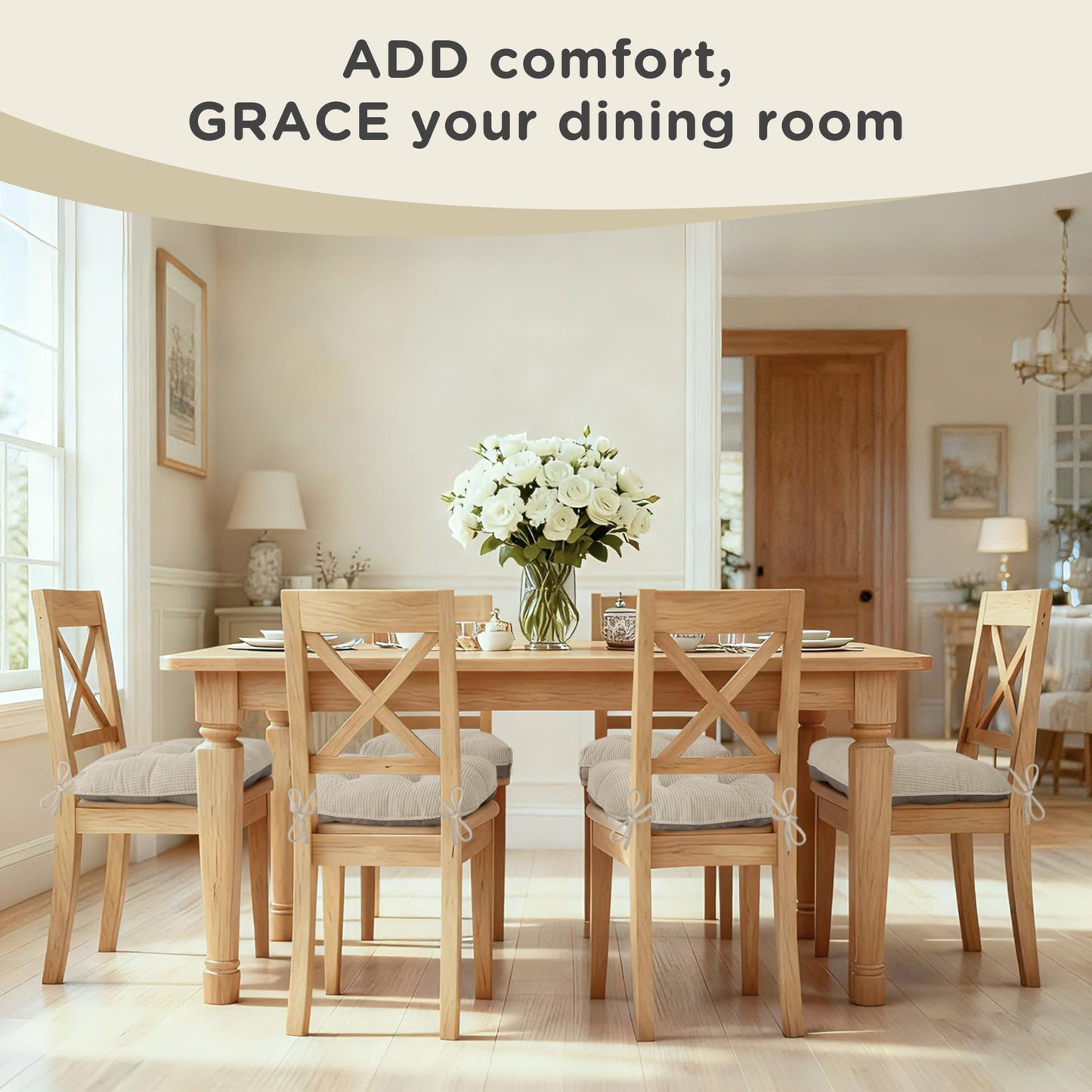 AddGrace Dining Chair Cushions Set of 4 Non-Slip Bottom Kitchen Chair Pads with Ties for Indoor Kitchen Furniture Comfy Soft Seat Cushions for Dining Room 18 x 16 x 3inch Cream