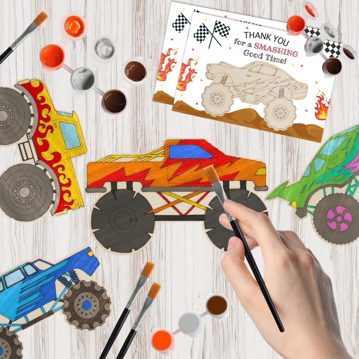 12-Pack Pre-Packaged Monster Truck Party Favors for Kids, Wooden Truck Cutouts with Magnets & Painting Kits, Boys' 4th Birthday Decorations & Thank You Gifts for Guests