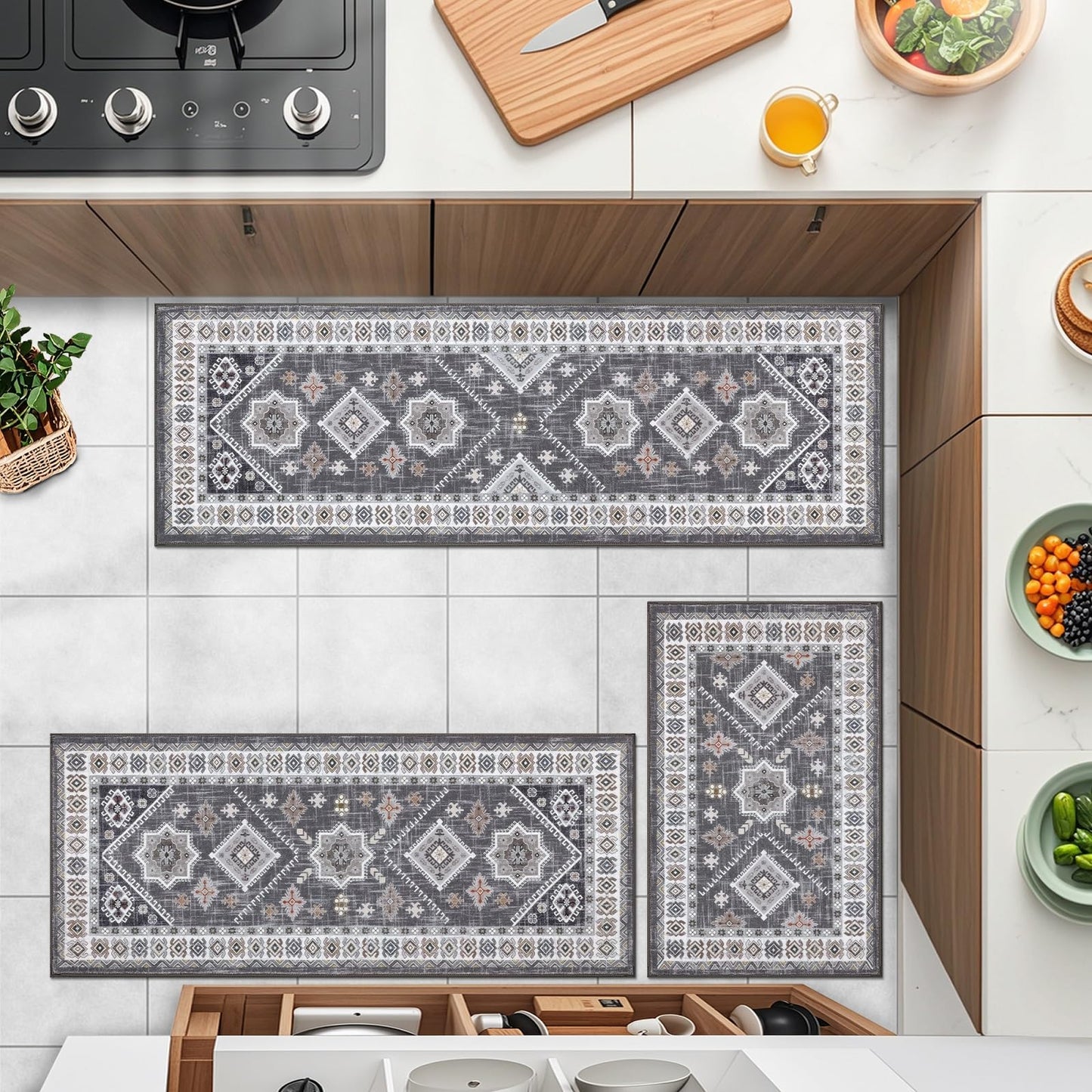 HEBE Farmhouse Kitchen Rugs Sets of 3 Non Slip Washable Boho Kitchen Rugs and Mats for Floor Kitchen Runner Rug Floor Carpet for Kitchen, Laundry, Hallways