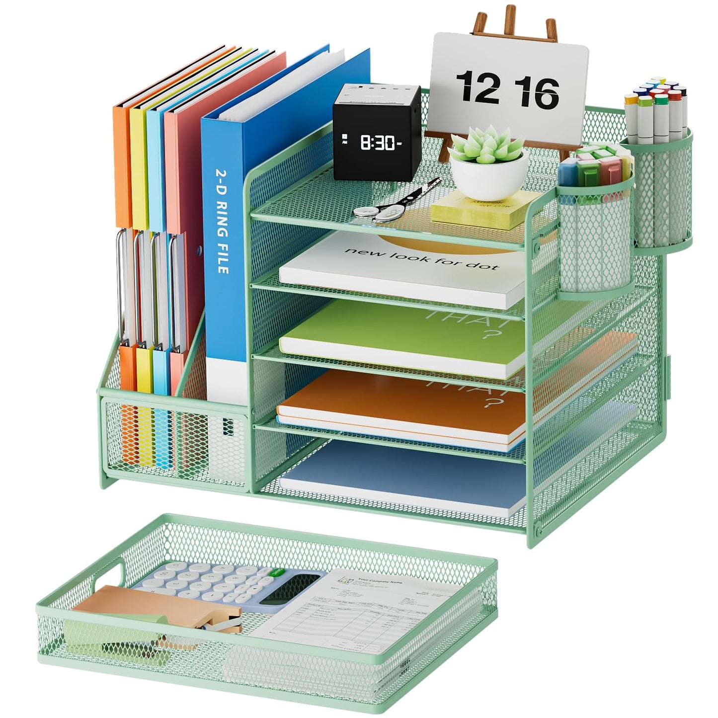 Marbrasse Desk Organizer with File Holder, 5 Tier Paper Letter Tray with Drawer and 2 Pen Holders, Document Organizer with Magazine Holder for School, Home, Office Supplies (Green)