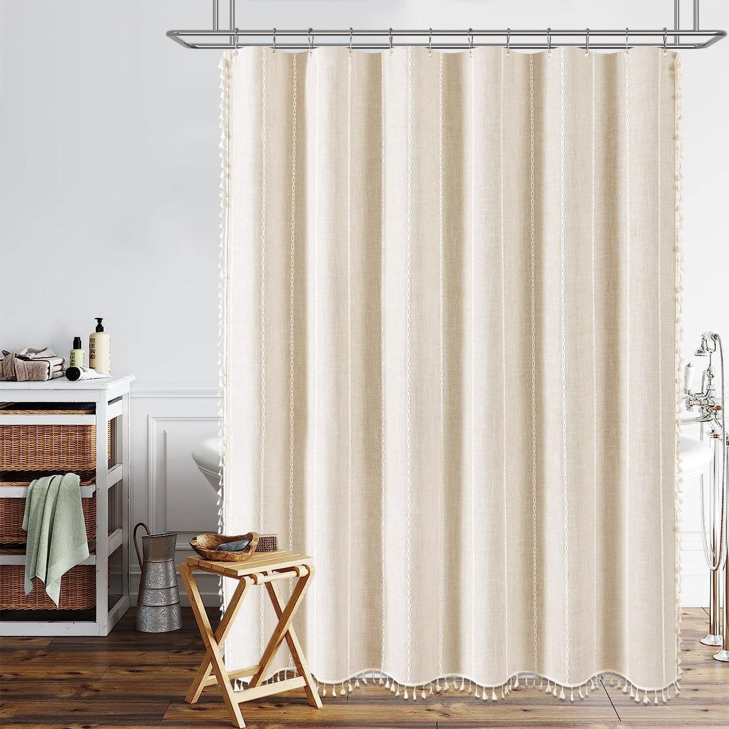 BTTN Boho Farmhouse Shower Curtain, Linen Rustic Bohemian Striped Cloth Shower Curtain Set with Tassel, Water Repellent, Modern Vintage Country Fabric Shower Curtains for Bathroom, Cream/Beige, 72x72
