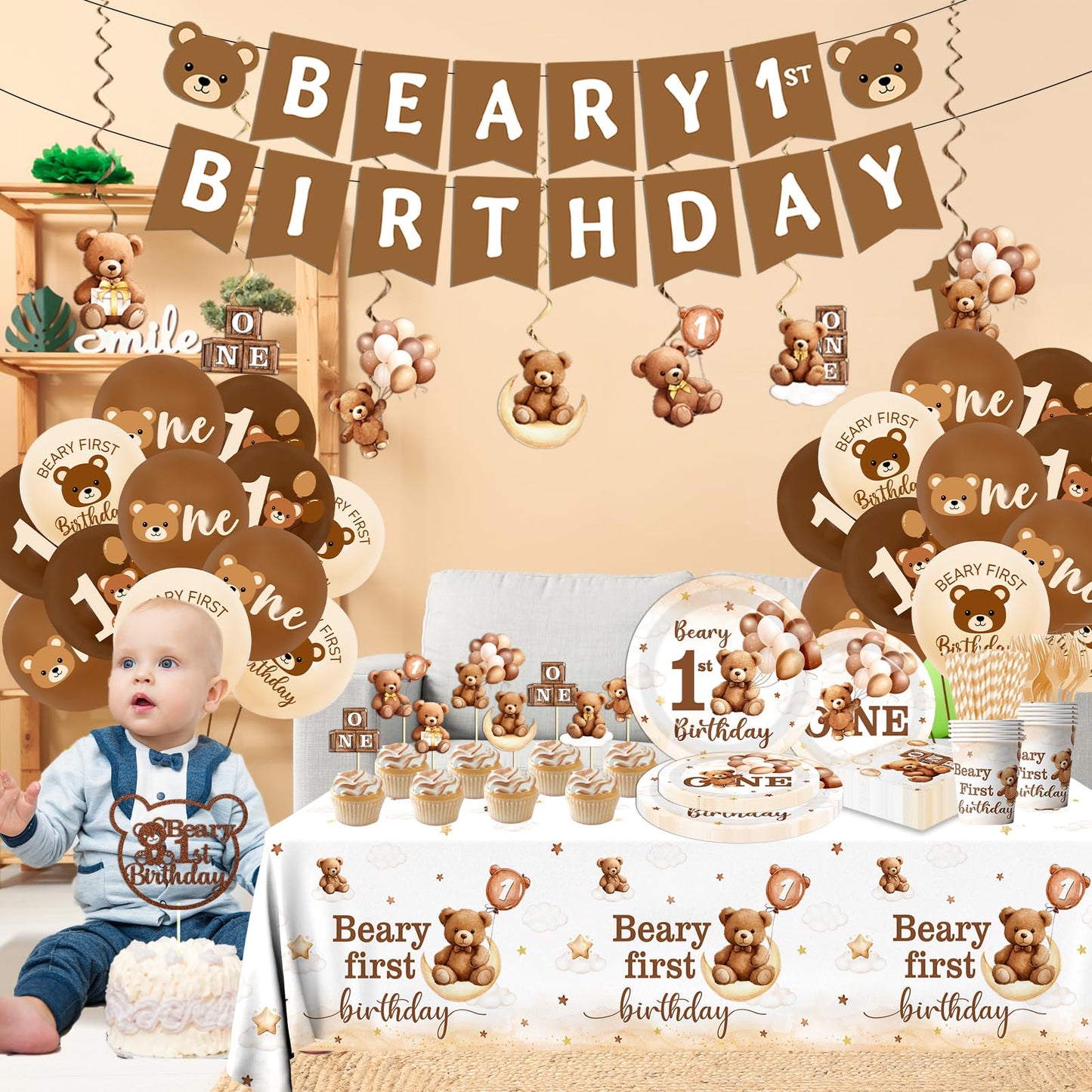 189Pcs Beary First Birthday Party Decorations for Boy,Brown Beary 1st Birthday Theme Tableware Teddy Bear One Year Old Disposable Plates Napkin Tablecloth Spiral Banner Balloon Cake Topper,Serve 24