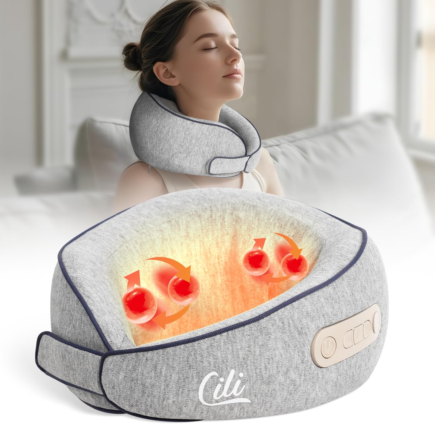 CILI Cordless Neck Massager Pillow with Heat,Shiatsu Neck Massager with 3 Adjustable Intensity,Heated Massage Pillow for Travel,Lightweight & Hand-free for Home, Office,Gifts for Mom,Dad