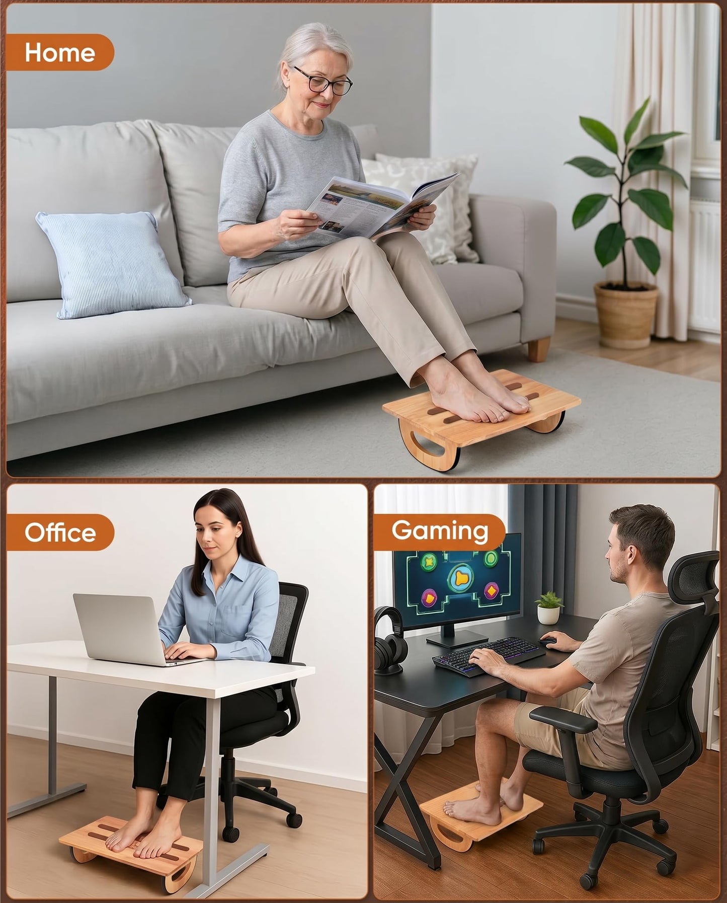 ONUEMP Wooden Rocking Footrest for Under Desk (15.5 x 10.6 in) – Solid Beechwood Ergonomic Foot Stool with Massage Rollers, Non-Slip Foot Rocker Leg Rest Footrest for Office Chair, Gaming & Home Office