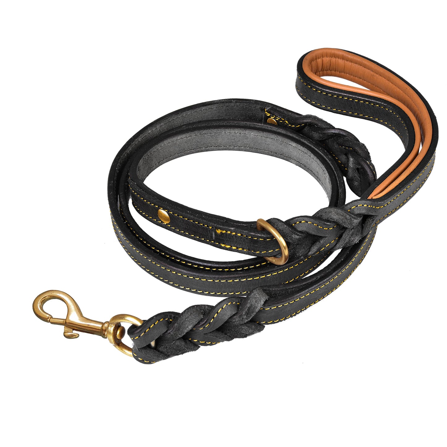DowgClub | 6' Heavy Duty Genuine Leather Dog Leash for Small, Medium & Large Breeds | Hand Made, Hand Braided | 2 Handle Design | Soft Cushion Handle | Black, Brown & Tan | 6' x ¾”