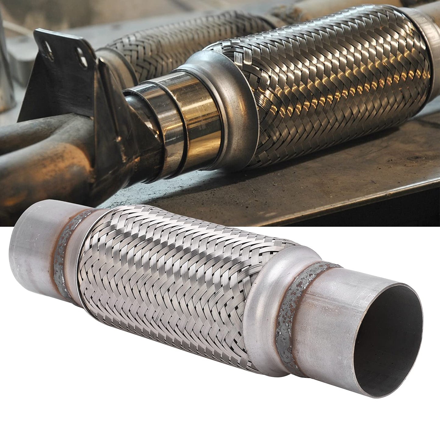 Heavy Duty Exhaust Flex Pipe, 2.5" x 8" x 12'' Stainless Steel Braided Flexible Exhaust Pipe, Universal Fit for Cars & Trucks, Durable Car Exhaust Pipe Repair Replacement Kit, 63mm x 300mm