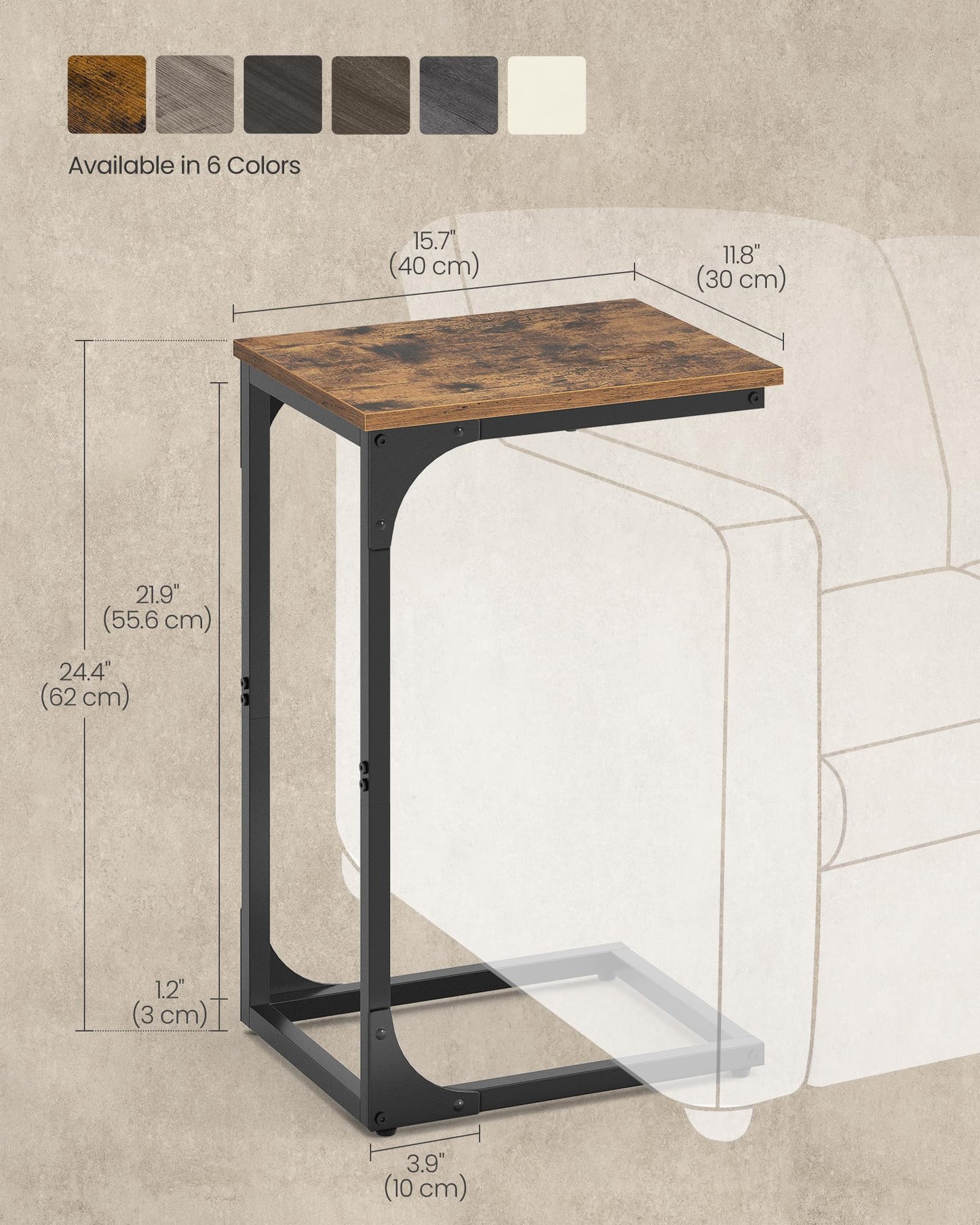 VASAGLE C-Shaped End Table, Small Side Table for Couch, Sofa Table with Metal Frame for Living Room, Bedroom, Bedside, Rustic Brown and Black ULET350B01