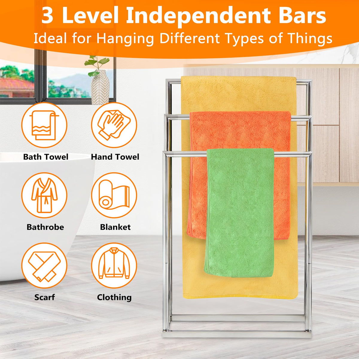 Freestanding Towel Rack, 3 Tier Stainless Steel Towel Bar Stand for Bathroom, Chrome Plated DECLUTTR
