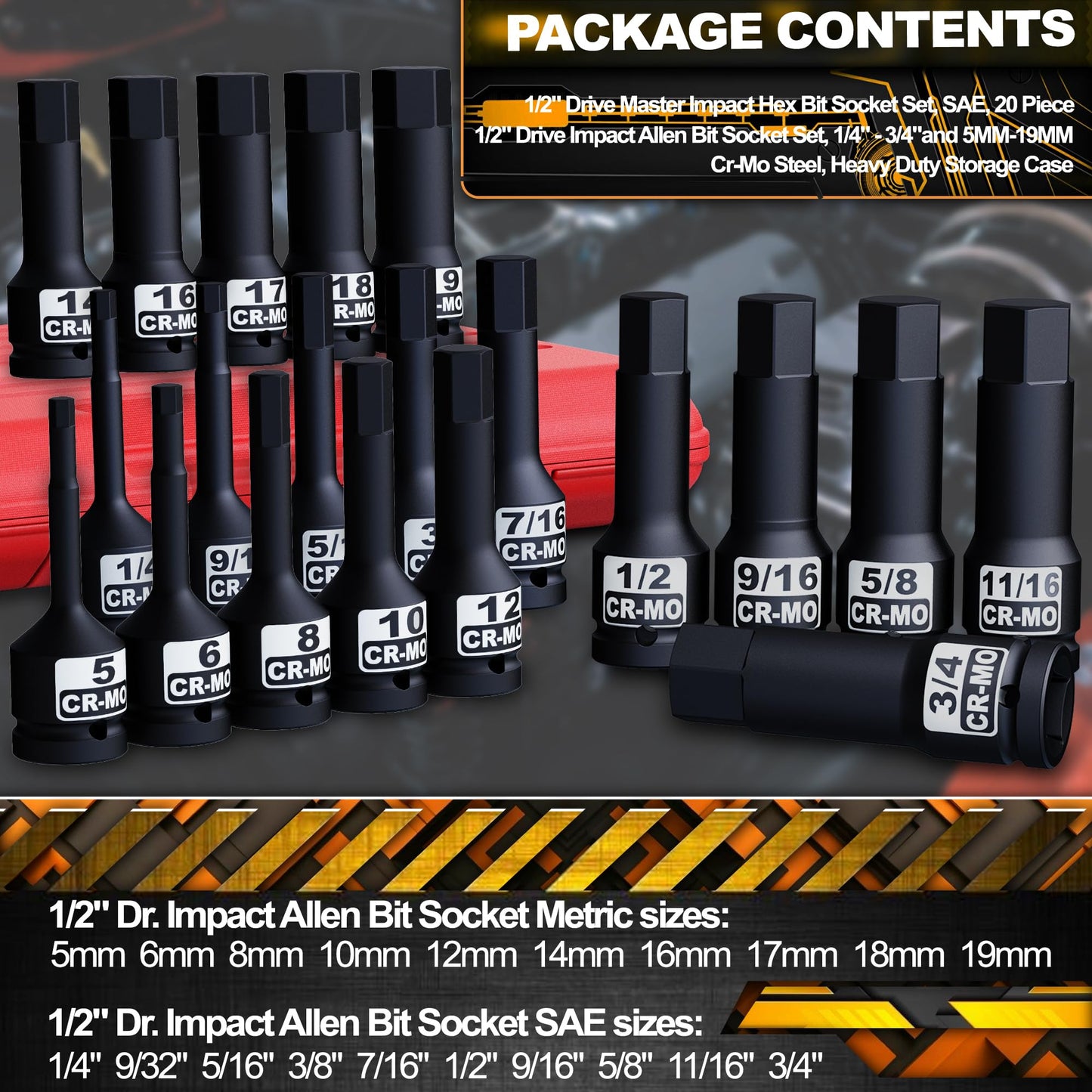Aiourx 1/2" Drive Master Impact Hex Bit Socket Set, Metric & SAE, 20-Piece Impact Allen Bit Socket Set, 5mm - 19mm & 1/4" - 3/4", Heavy Duty Storage Case