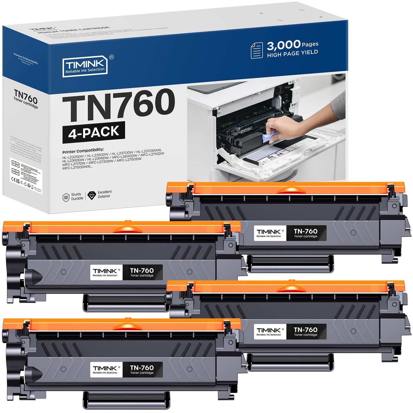 Compatible TN760 Toner Cartridges Replacement for Brother TN 760 TN-760 TN730 with MFC-L2710DW MFC-L2750DW HL-L2350DW HL-L2390DW DCP-L2550DW HL-L2370DW Printers (with Chip, 4 Balck)