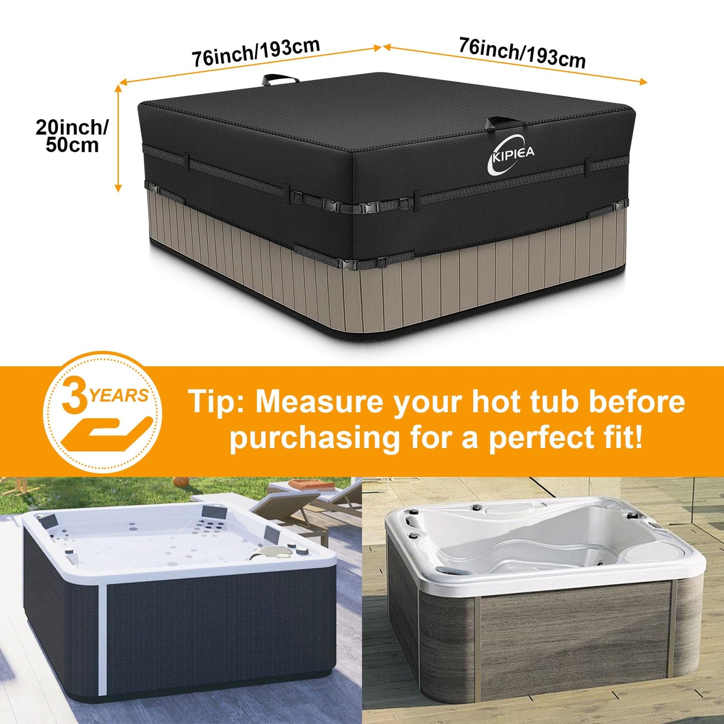 Kipiea 600D Outdoor Waterproof Square Hot Tub Cover Protector, Heavy Duty Polyester SPA Cover UV Protection Cover 76" L x 76" W x 20" H, Black