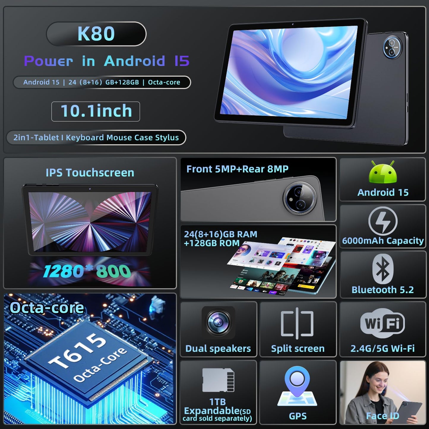 Android 15 Tablet 10 inch,24GB RAM 128 ROM,Tablets with Keyboard Mouse Stylus,1TB Expandable,Octa-Core 6000mAh 1280x800 IPS HD,5G WiFi,T615 CPU,High Performance,Processor,Dual Camera(Gray)