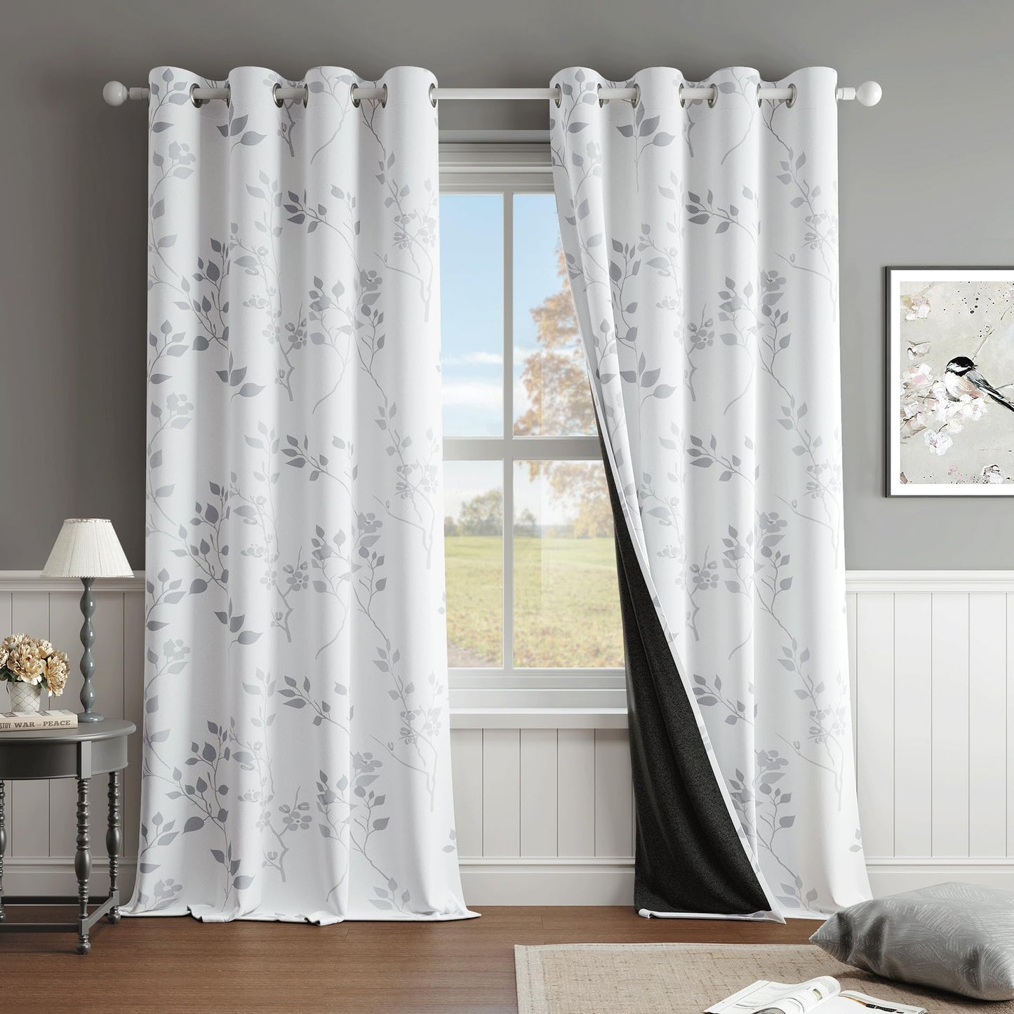 Beauoop Floral 100% Blackout Curtains 84 Inches Long 2 Panels for Bedroom Living Room Grey White Flower Patterned Room Darkening Thermal Insulated Soundproof Grommet Window Treatments Drapes, 50X84