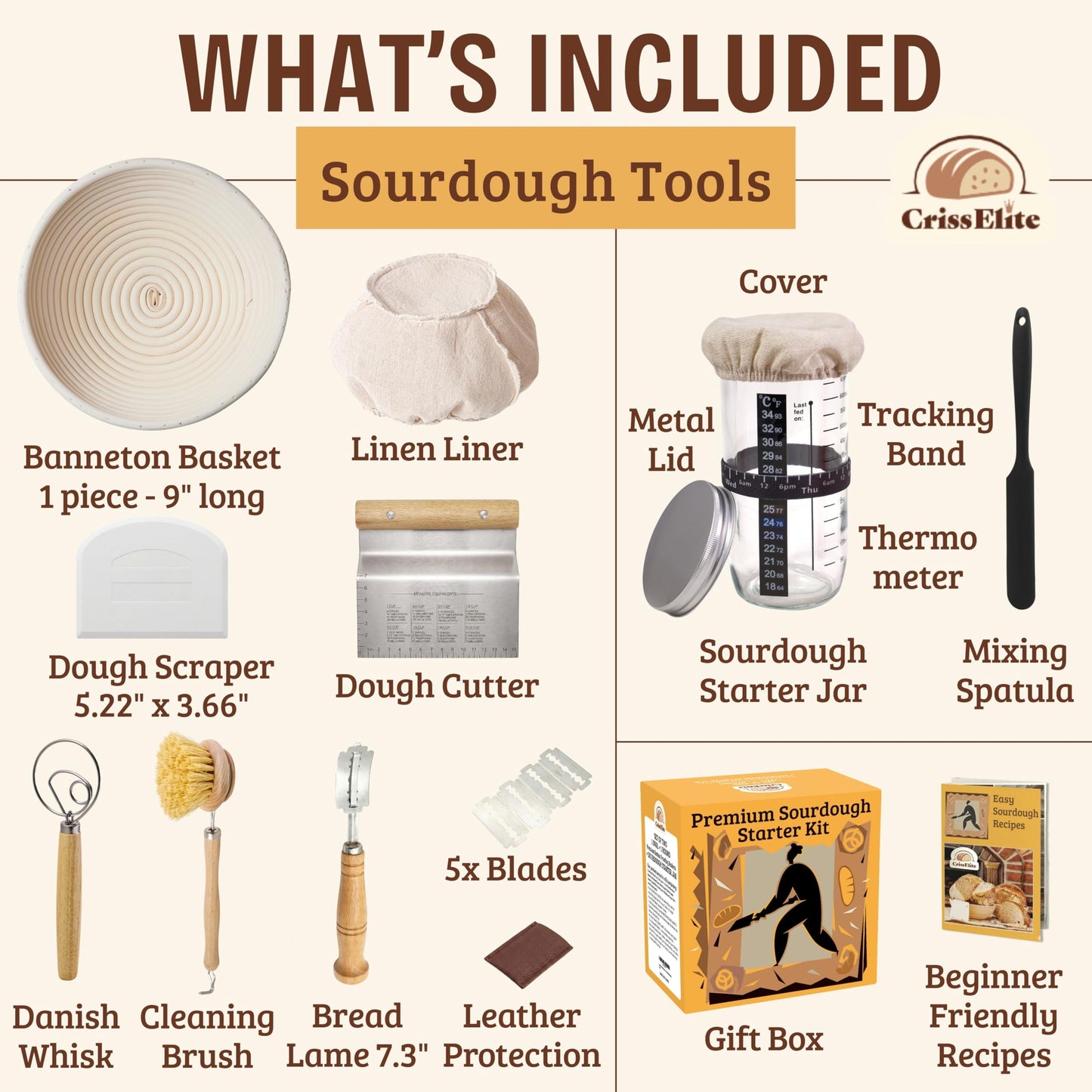 Sourdough Starter Kit for Beginners – 9”(23cm) Banneton Bread Proofing Basket with 24oz(710ml) Glass Sourdough Starter Jar & Sourdough Bread Baking Supplies, Easy No-Fail Kit, Gift for Home Bakers