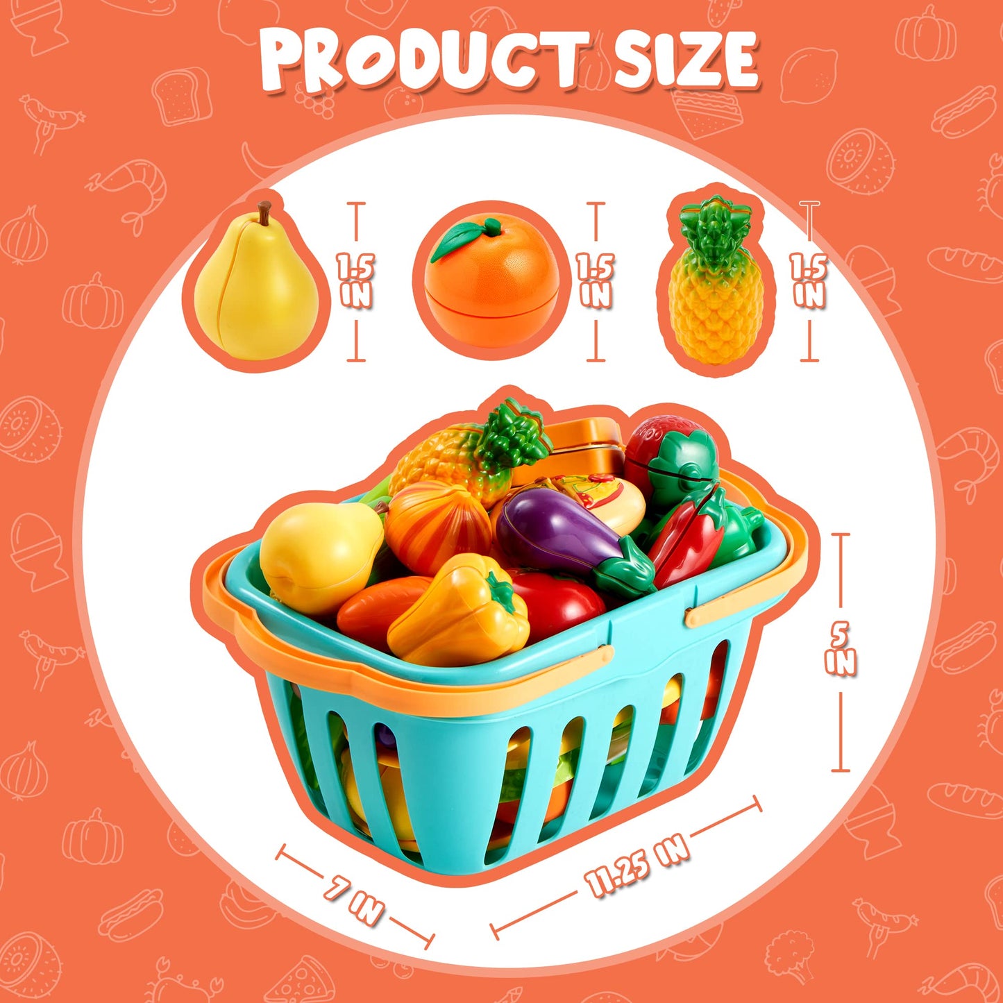 JOYIN 68Pcs Cutting Play Food Toy for Toddlers Kitchen, Fake Food for Kids Play Kitchen, Includes Plastic Fruit &Vegetables, Easter Basket, Mini Dishes and Knife, pretend role play Toys, Toddler Gifts