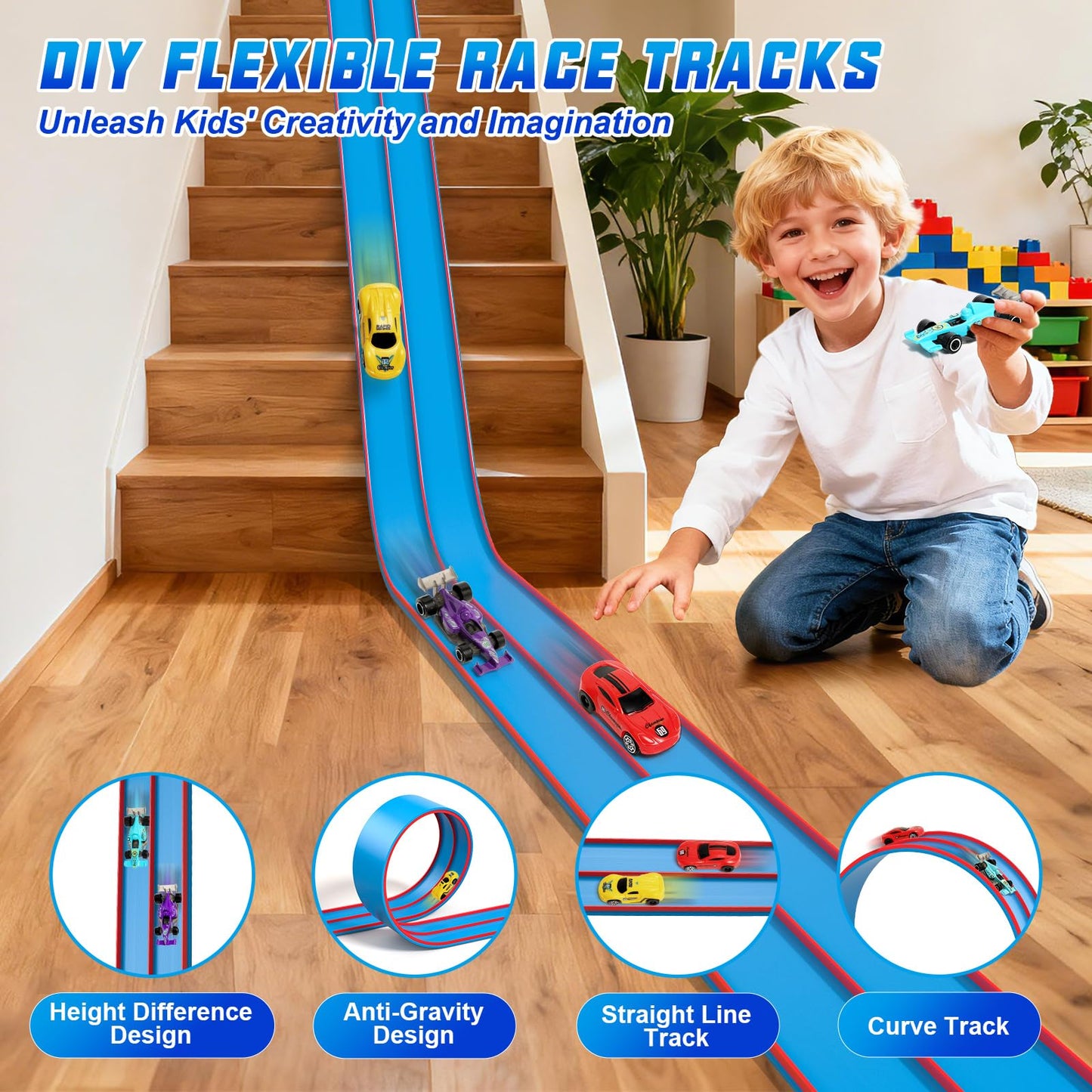 15Ft Flexible Race Car Track Toys for Kids with 4 Car & Suction Cups, Flex Tracks Starter Set Compatible with 1:64 Diecast Cars Portable Rolls Up DIY Racetrack, Gifts for Boys Girls Age 3-5 4-8+