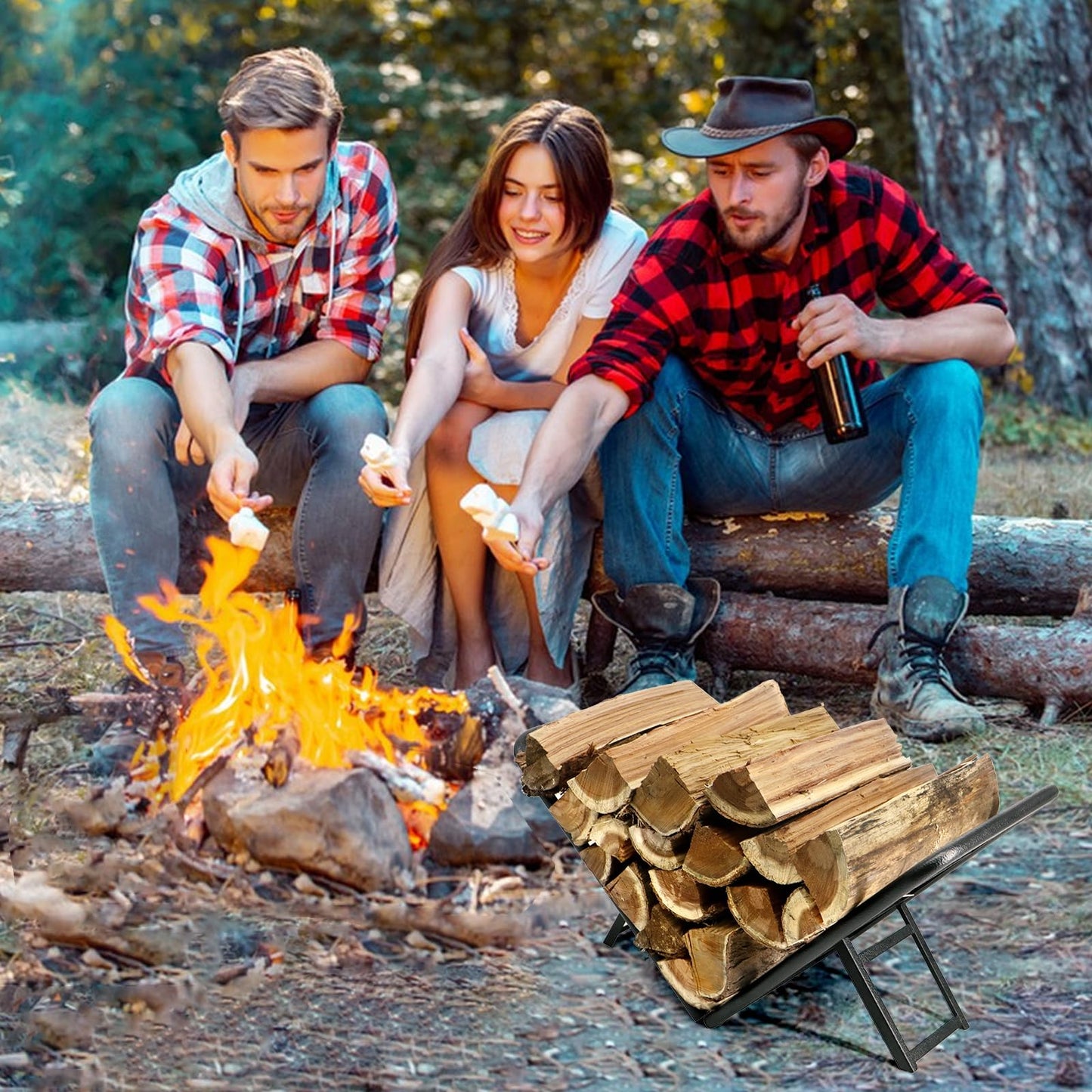 BiggerFire Firewood Rack, Foldable 2FT Firewood Rack Firewood Holder Holder for Fireplace Wood Storage, Log Holder Stand Steel Firewood Stand for Outdoor Indoor Fireplace（Black）