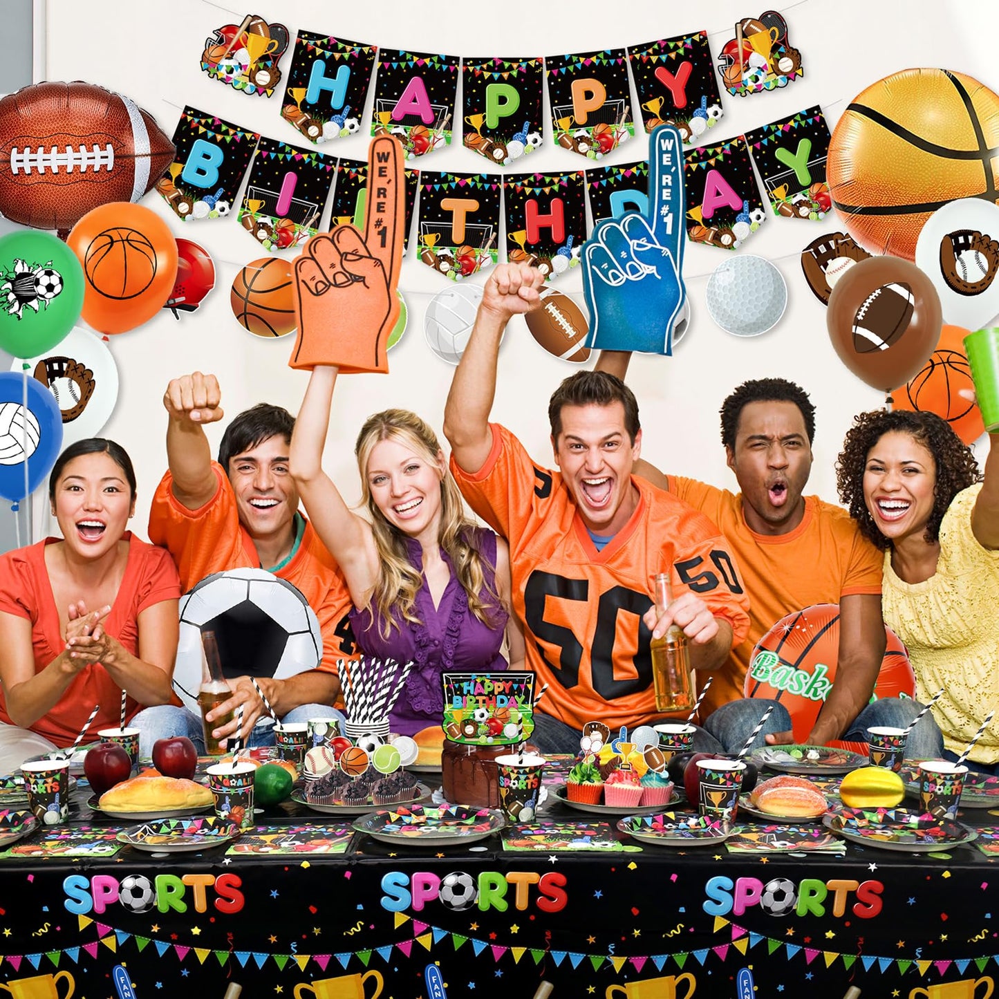 Sports Theme Birthday Party Decorations - Including Happy Birthday Banner, Tablecloth, Tableware and Balloons, Soccer Basketball Baseball Football Theme Party Supplies for Kids and Adult, Serves 20