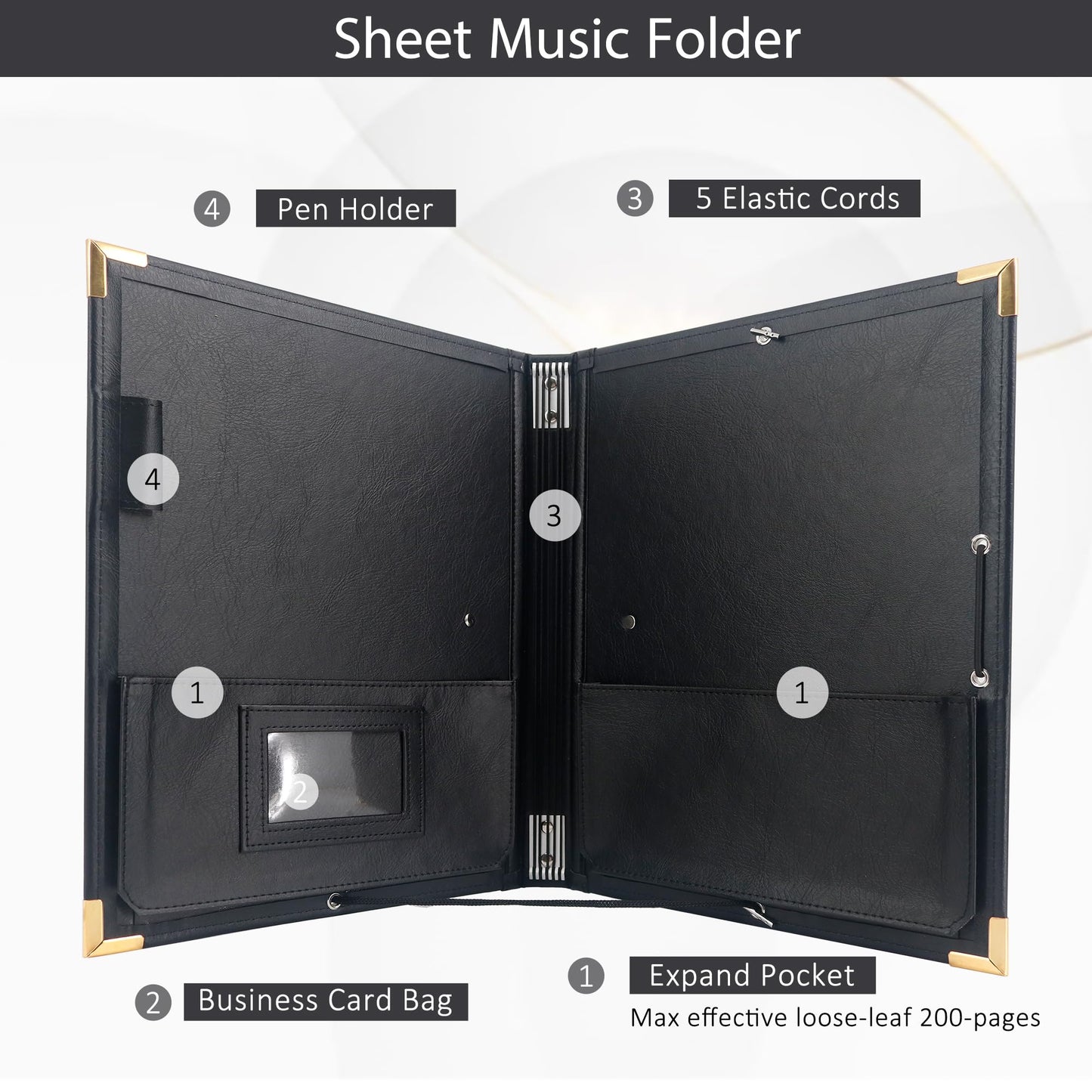 IvyRobes PU Leather Music Folder, 12.5" x 10" Choir Folder with Elastic String & Hand Strap,10 Pockets Fits 8.5" x 11", A4, 9" x 12" Sheets for Piano,Choral & Music Performance Black