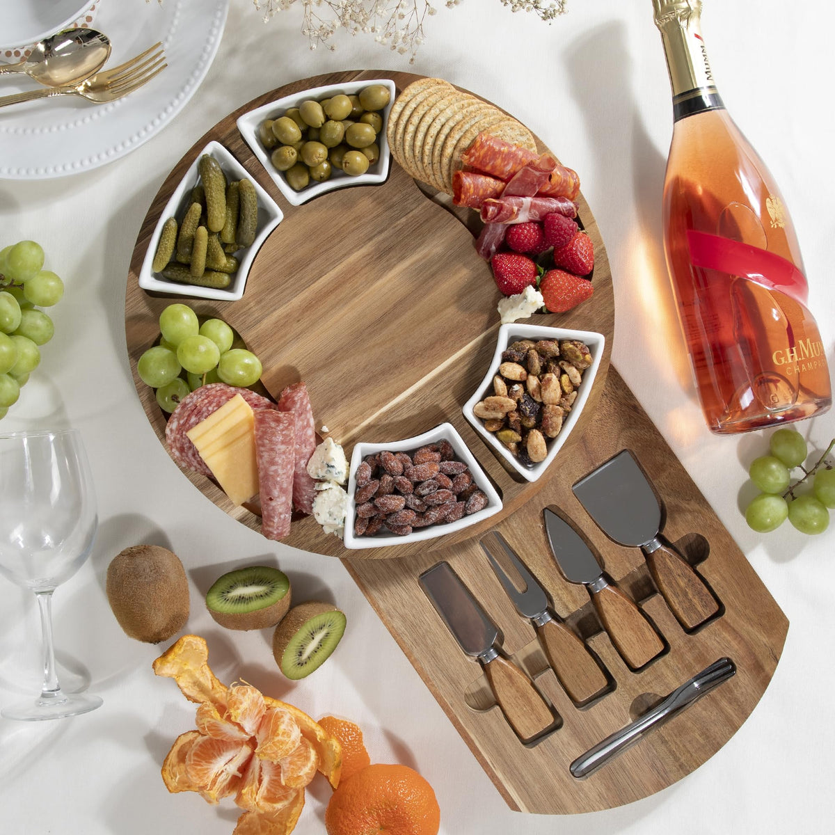 Acacia Cheese Board & Charcuterie Set with Ceramic Bowls – Premium Serving Board for Parties, Weddings, Christmas & Housewarming Gifts (Plain – No Engraving)