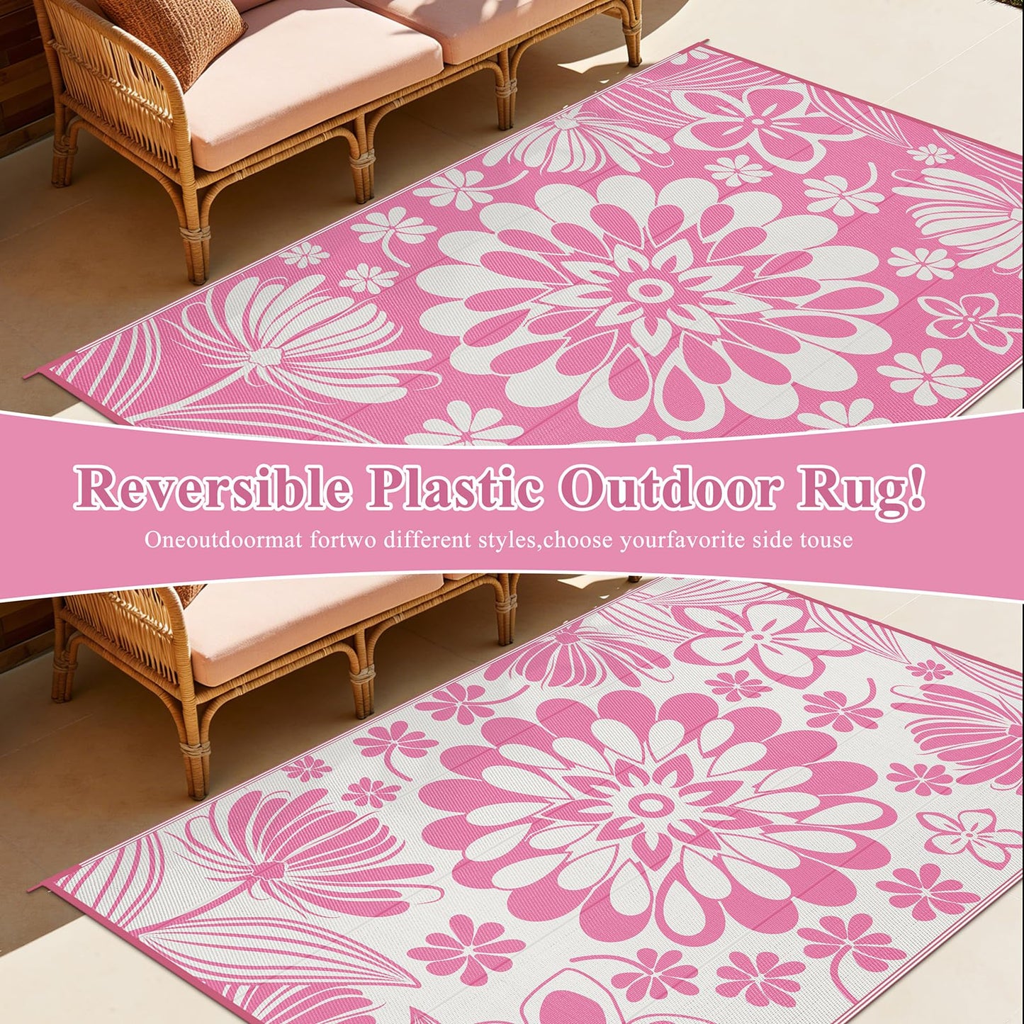 Ileading Outdoor Plastic Straw Rug 6x9ft Funny Floral Style Reversible Patio Area Rugs Waterproof Non Shedding Portable Carpets for Rv Outside Deck Pool Beach Picnic Camping (Pink)