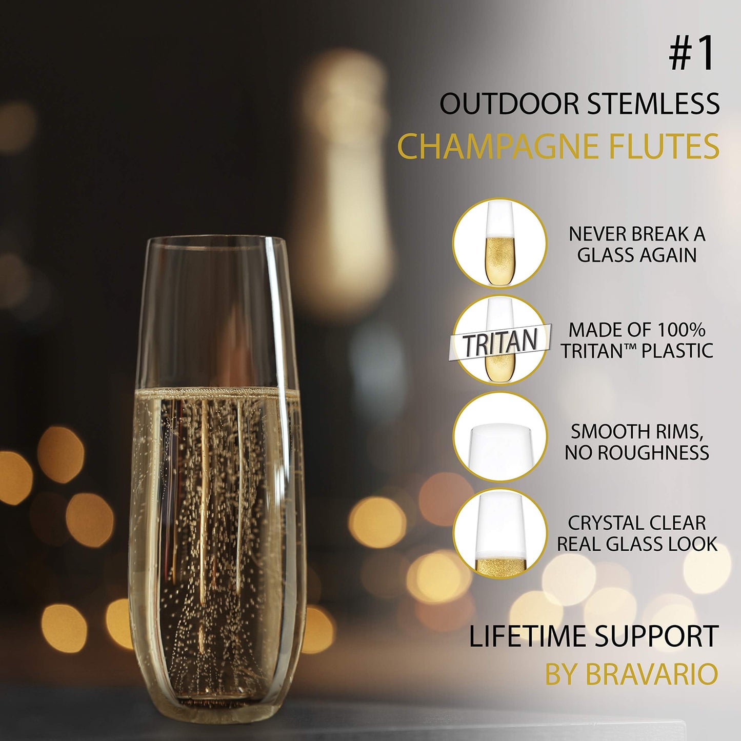 Bravario Unbreakable Stemless Plastic Champagne Flutes | Shatterproof 100% Tritan Plastic Glasses | Reusable | BPA-Free | 8.5 oz, Set of 4
