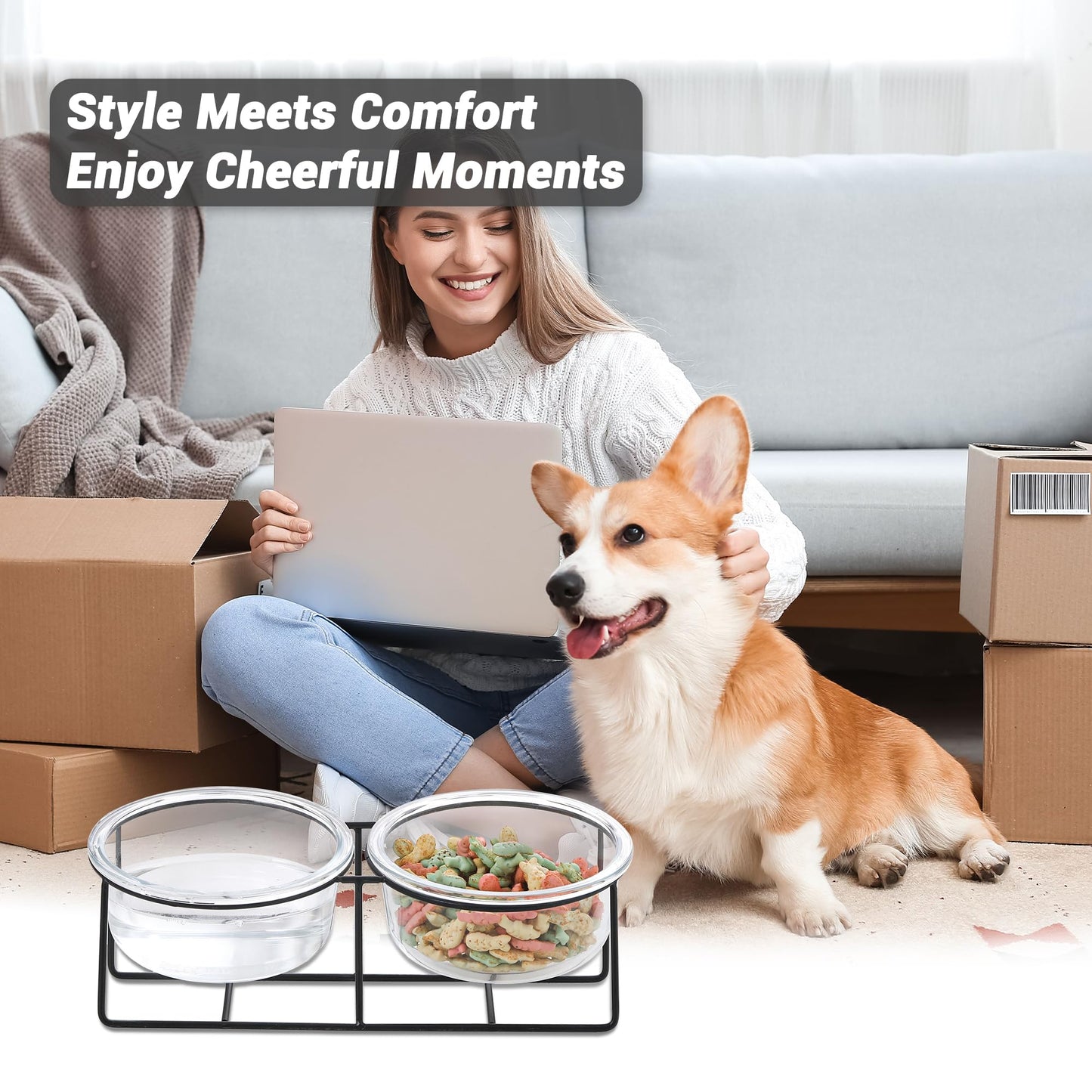 Glass Elevated Dog Bowl Set - Raised Food and Water Bowls with Metal Stand - Pet Dishes for Small and Medium Dogs - 2 Cups (27 fl oz) Each - Transparent