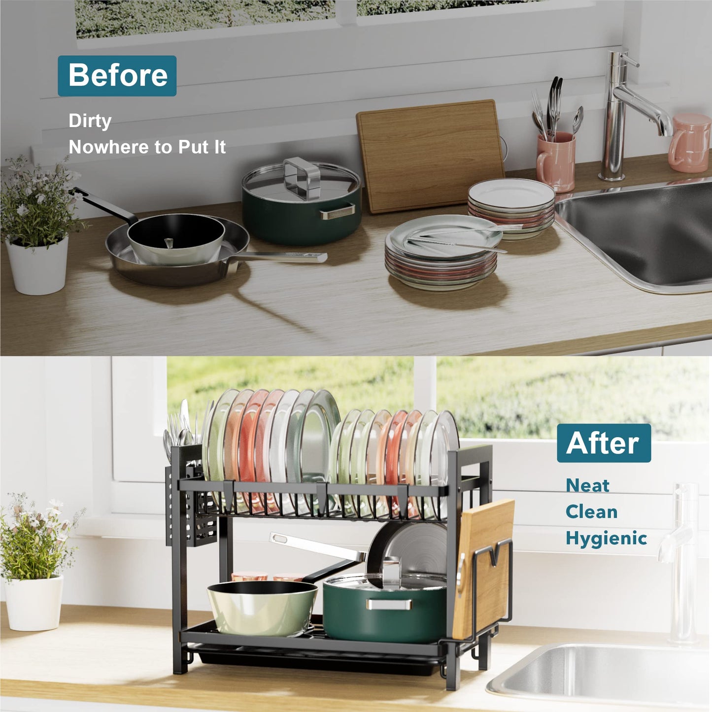 niffgaff 2 Tier Dish Drying Rack, Kitchen Dish Rack with Utensil Holder, Cutting Board Holder & Drain Tray for Kitchen Counter, Small Apartment Organization, Black