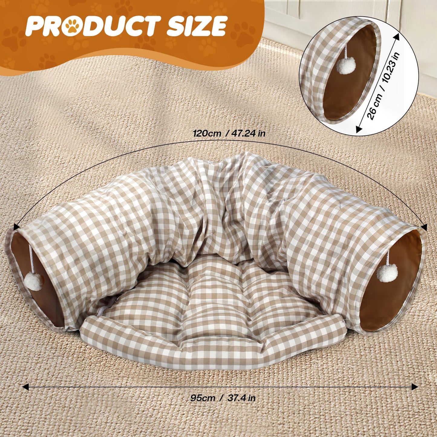 Bunny Tunnel Bed, 2-in-1 Collapsible Tunnel Tubes Toys with Removable Mat Hideout for Cats Kittens Rabbits Guinea Pigs Kitty