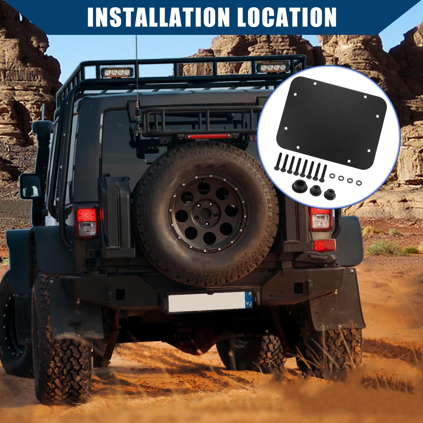 Hihaha Spare Tire Carrier Delete Filler Plate with Rubber Plug Bolts for Jeep Wrangler JK 2007-2018 / Rear Tailgate Plug Vent Plate Cover/Durable / 1Pcs Black
