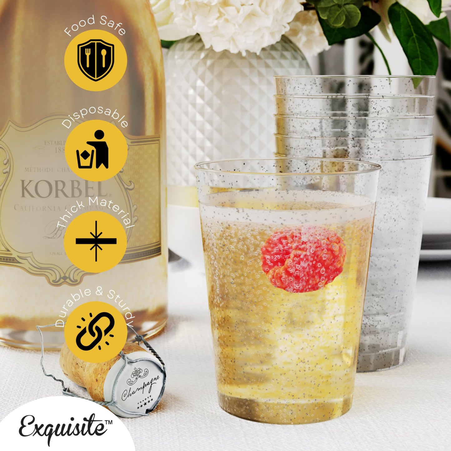 120 Count 10 oz Silver Glitter Clear Plastic Cups Tumblers - Hard Plastic Disposable Cups for Wedding Glasses - Plastic Party Cups for Cocktail Wine and More - Exquisite