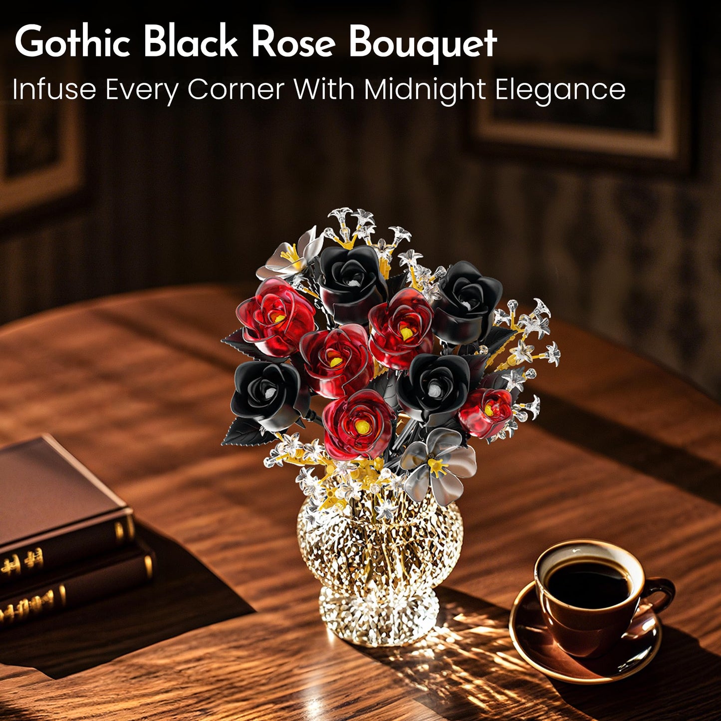 Soolio Rose Flower Bouquet Building Set for Adults, Anniversary Birthday Gift for Women Teen Girlfriend, Artificial Floral Botanicals Collection Gothic Decor for Home or Office (414 PCS)