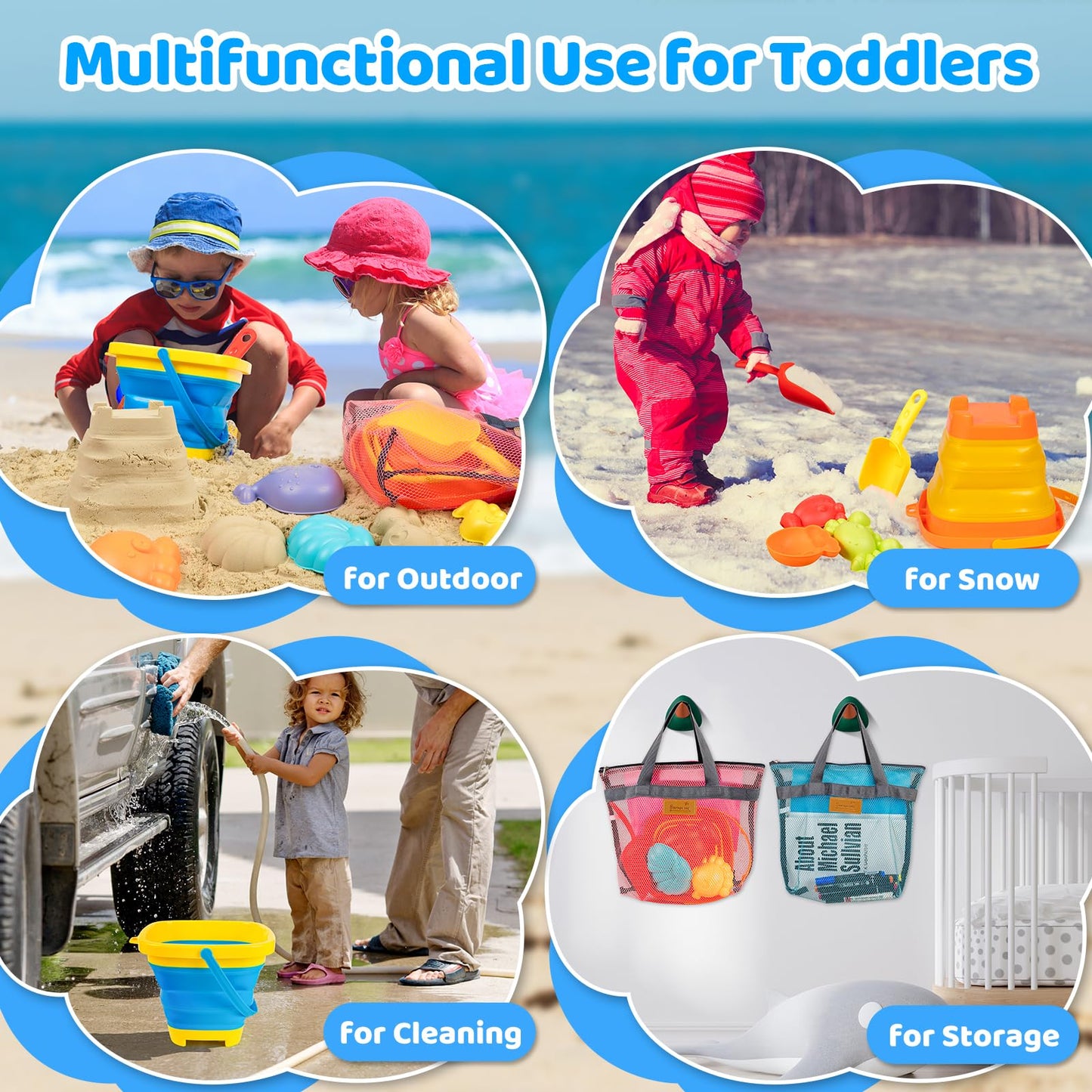 Kids Beach Sand Toys with 2 Collapsible Beach Sand Buckets, Big Size Sand Molds, 2 Mesh Shell Bags, Shovels Set Travel Sandbox Toys for Toddler Ages 3-10