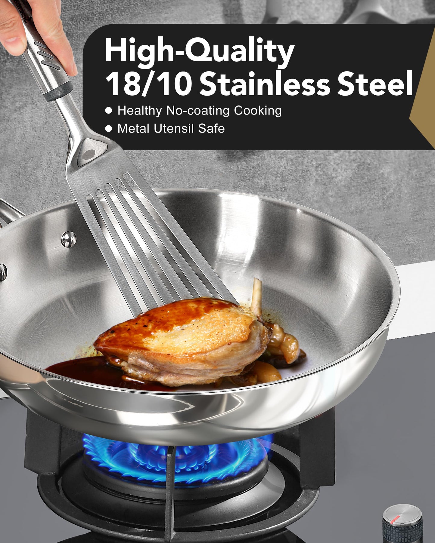 MICHELANGELO Stainless Steel Frying Pan Set, 8" 10" Cooking Pan Set with Triply Base, Stainless Steel Skillet with Ergonomic Handle, Induction Compatible