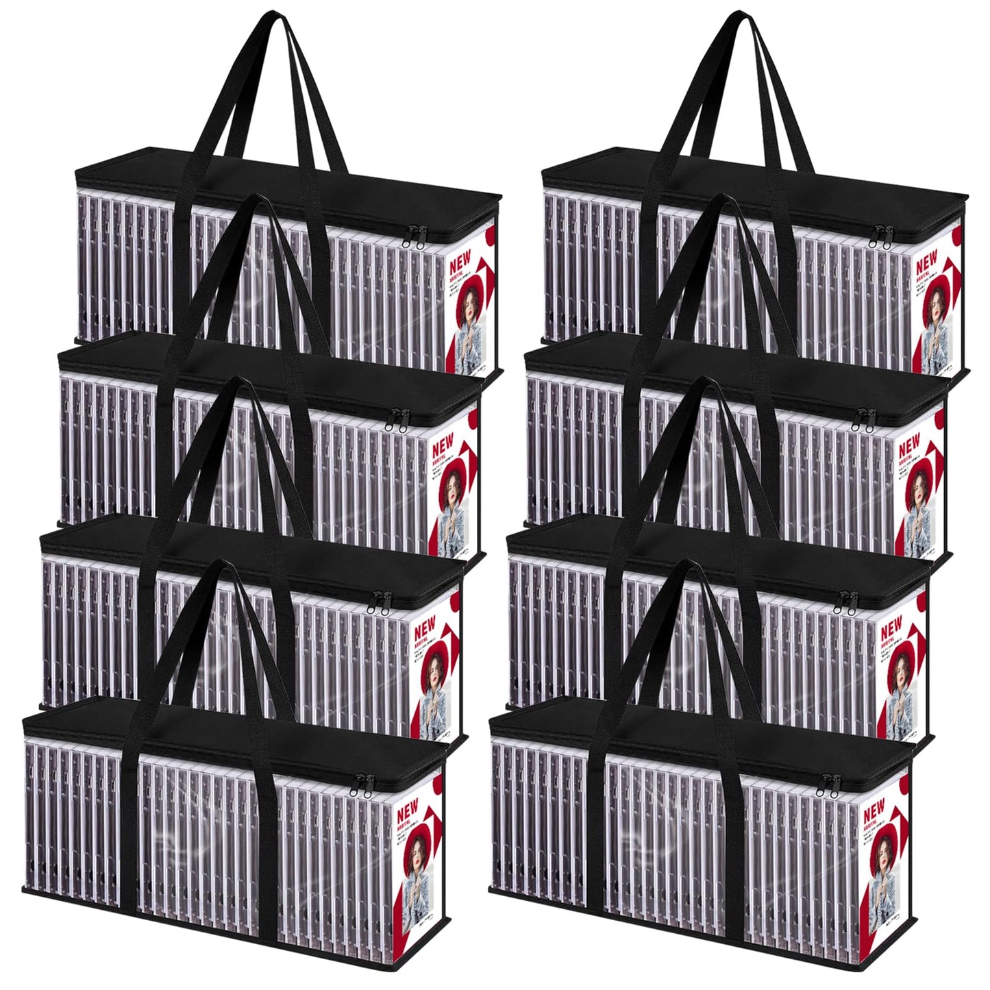 QTLCOHD 8 Pack DVD Storage Bags, Black Media Organizer Bag for DVDs, CDs, Blu Ray Disc, Video Game Disks, Movie Cases, VHS Box, Clear Plastic Holders with Carrying Handles and Zipper