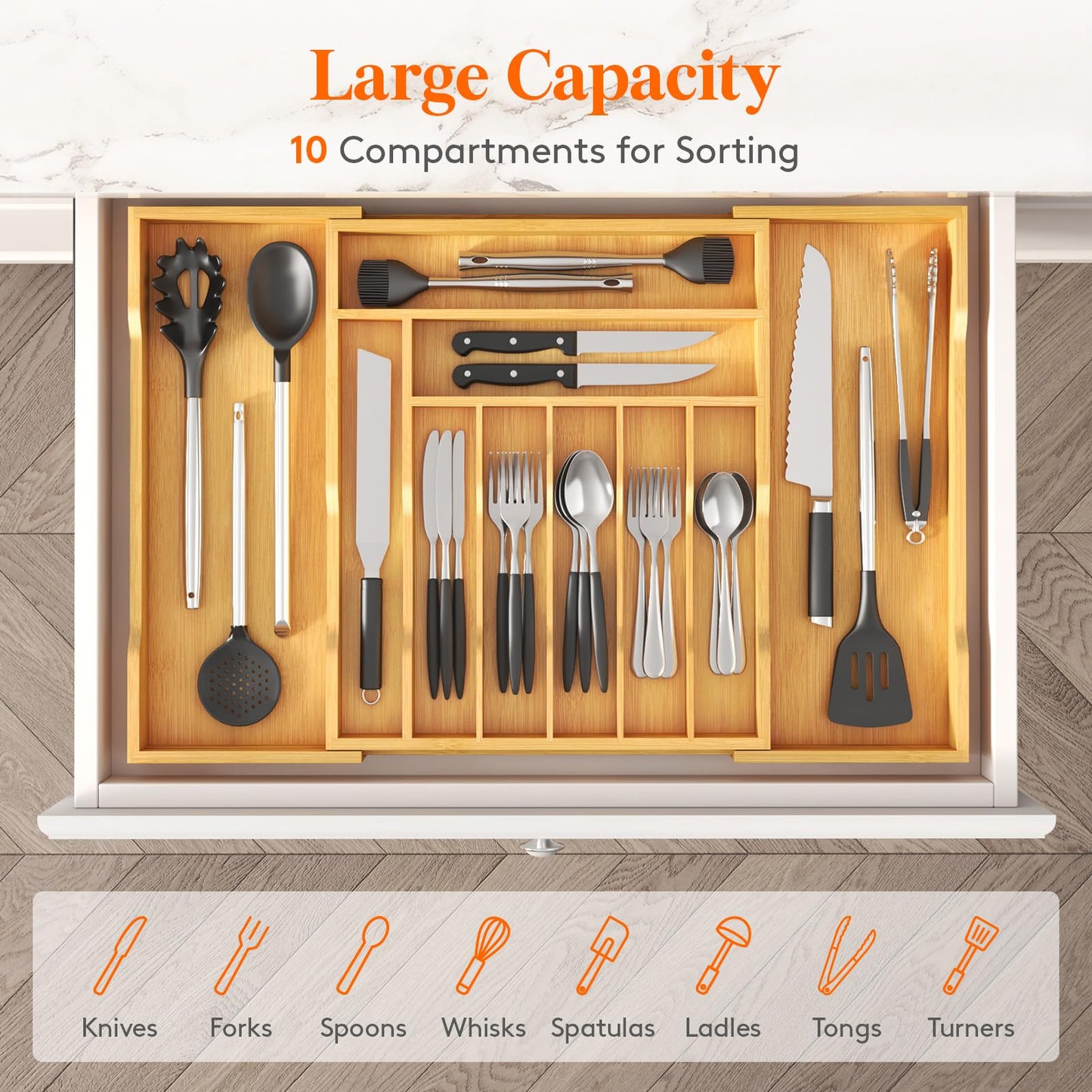 Lifewit Silverware Drawer Organizer, Expandable from 15.6 to 28", 10 Slots Utensil Tray for Kitchen, Bamboo Flatware and Cutlery Organizer, Wood Adjustable Storage for Spoons Forks Knives, Natural