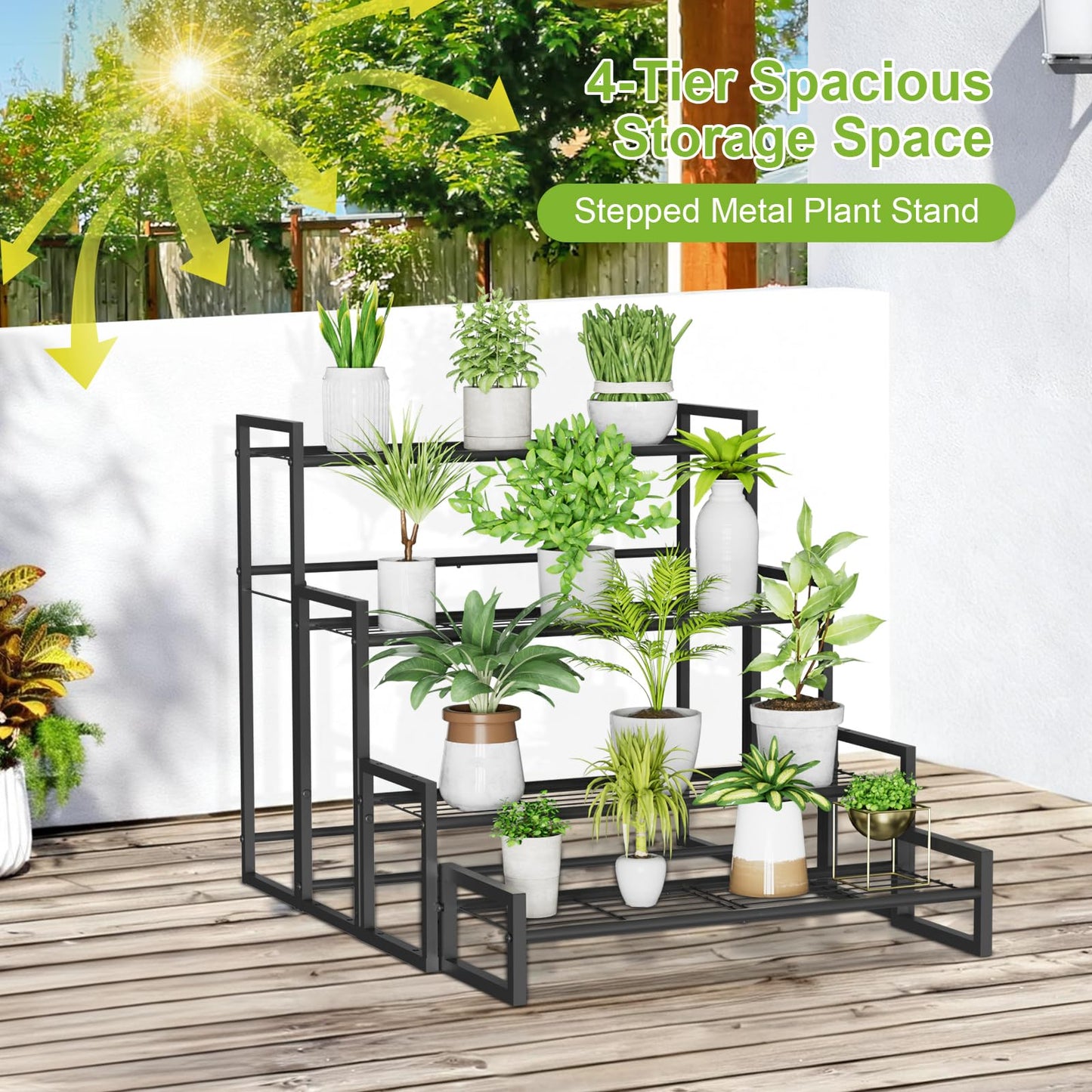 VyGrow Plant Stand, 4 Tier Stackable Tiered Plant Stand, Scalable Heavy Duty Tall Plant Shelf for Indoor Outdoor, Garden, Display Shelves, Flower Pot Holder (Black)