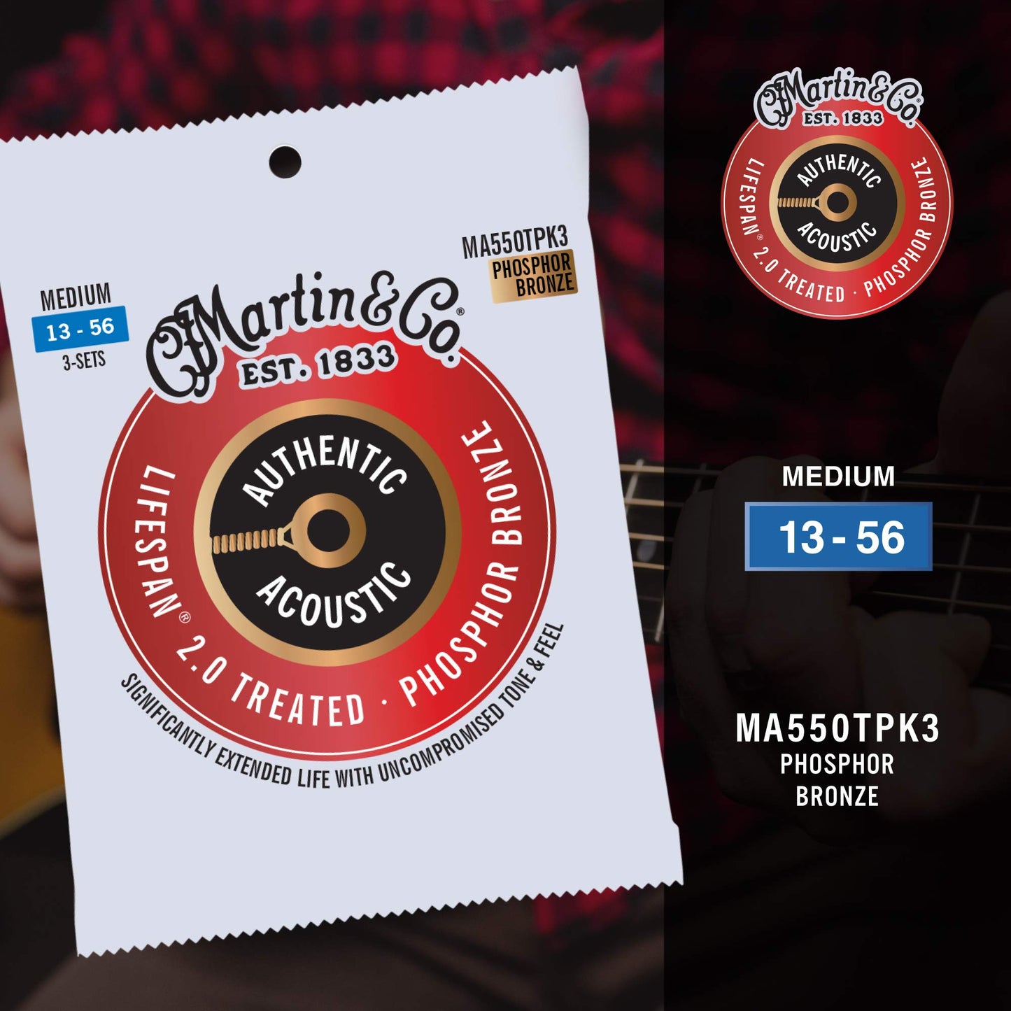 MARTIN Lifespan 2.0 Medium 13-56 98/2 Phosphor Bronze (MA550TPK3) Acoustic Guitar Strings (Pack of 3)