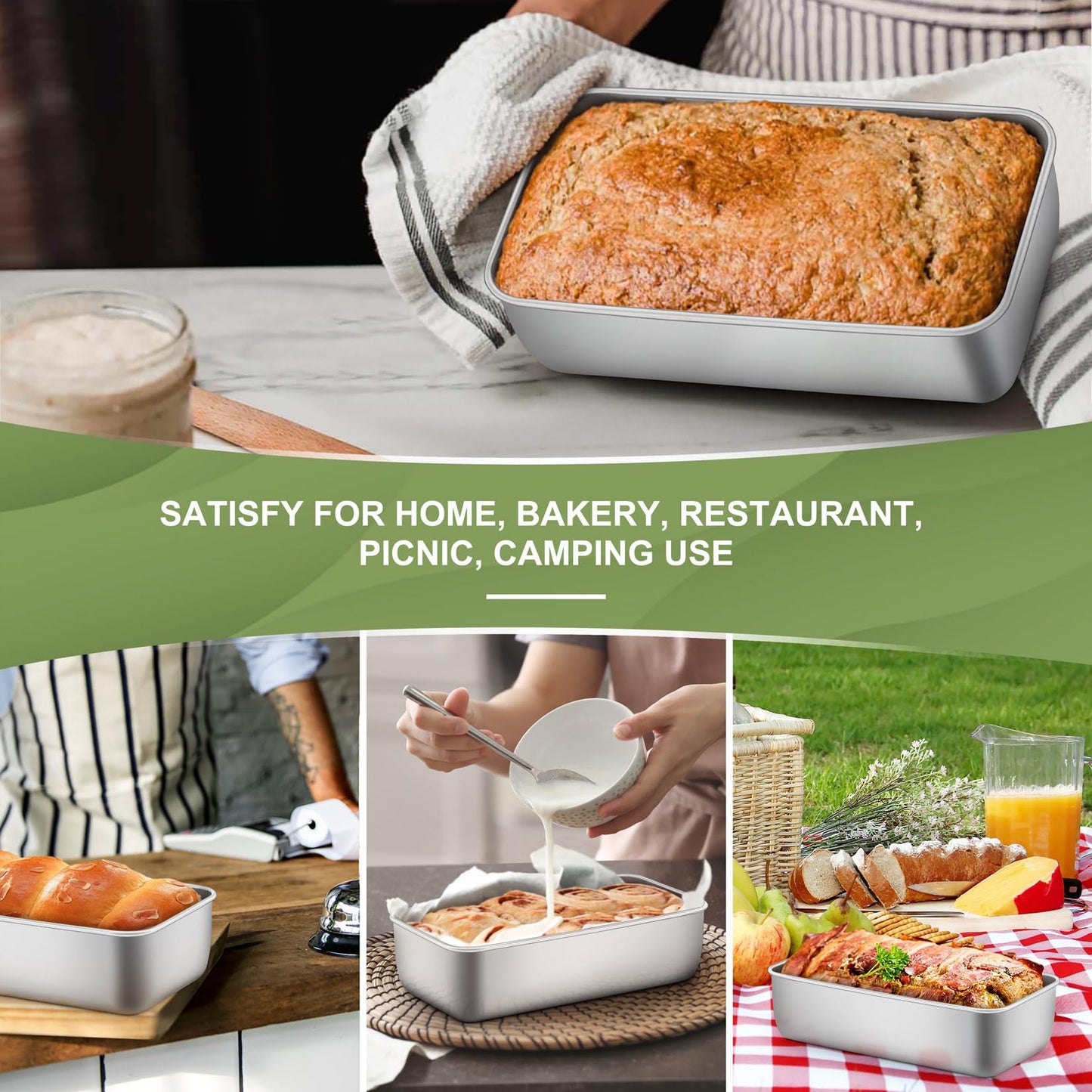 P&P CHEF Loaf Pan Set, 9-inch Bread Pans, Stainless Steel Loaf Toast Baking Pans for Bread Meatloaf Lasagna Cake, Healthy & Non Toxic, Oven & Dishwasher Safe, (Silver, 4Pcs)