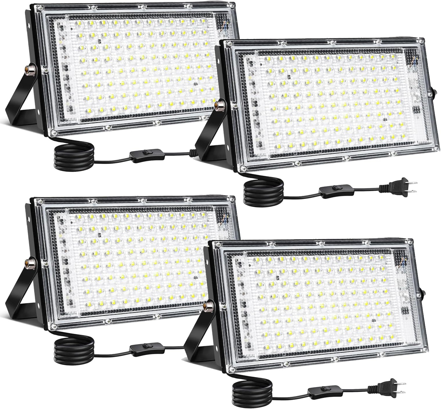 100W Flood Light Outdoor, 4 Pack 10000 Lumens LED Flood Light, 6500K Super Bright Plug in Outdoor Lights, IP66 Waterproof Work Light Exterior Security Lights for Garden, Yard, Garage, Playground