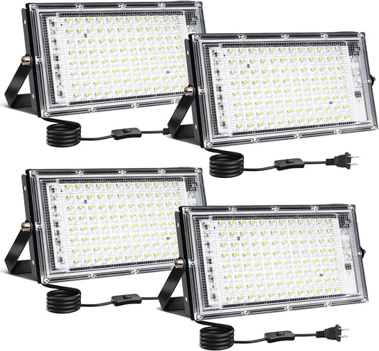 100W Flood Light Outdoor, 4 Pack 10000 Lumens LED Flood Light, 6500K Super Bright Plug in Outdoor Lights, IP66 Waterproof Work Light Exterior Security Lights for Garden, Yard, Garage, Playground