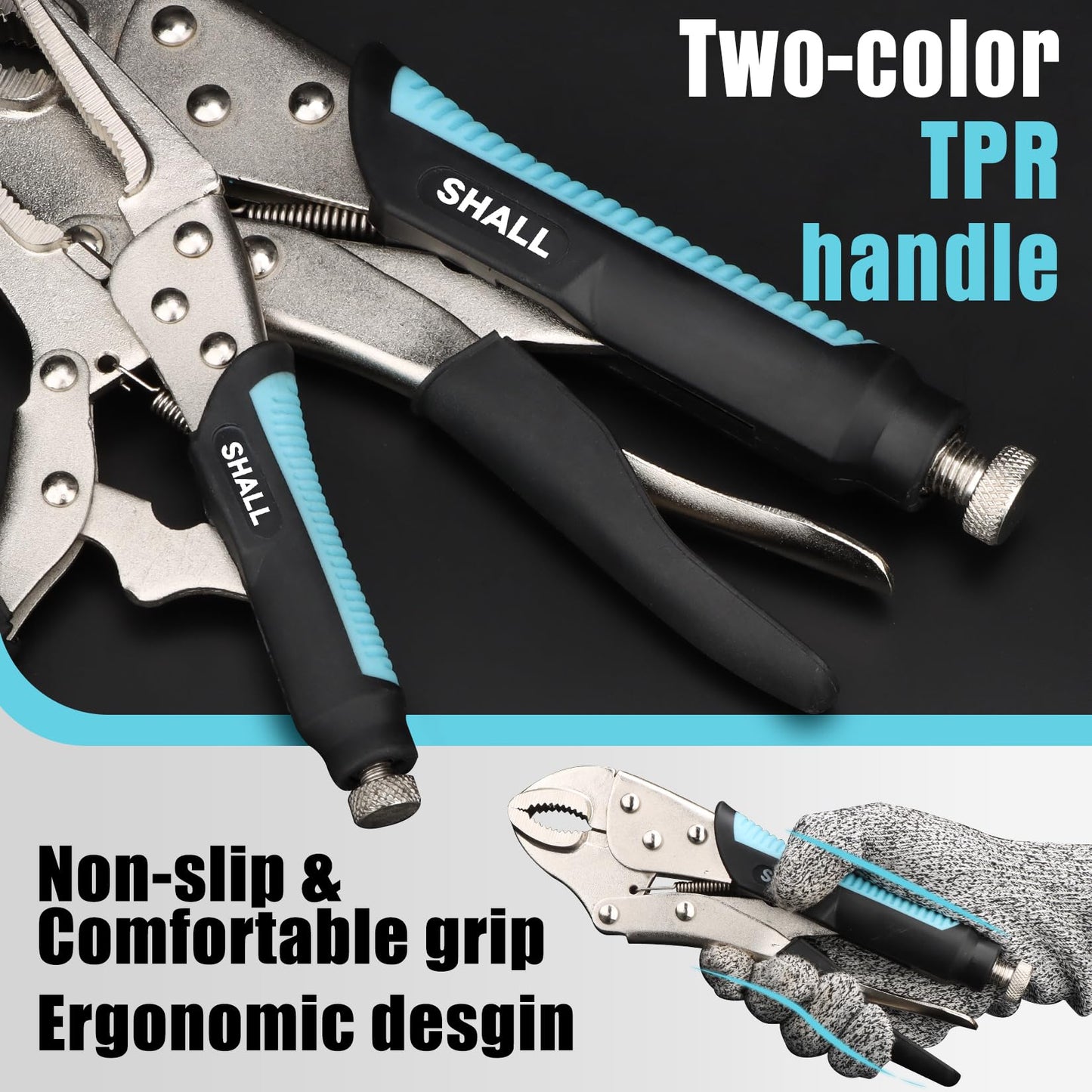 SHALL 6-Piece Locking Pliers, Vice Grips Pliers Set, 5",7" & 10" Curved Jaw, 6-1/2" & 9-1/2 Long Nose Locking Pliers, 6" Locking C-Clamp, Two-Color TPR Handle, Roll Up Pouch Included
