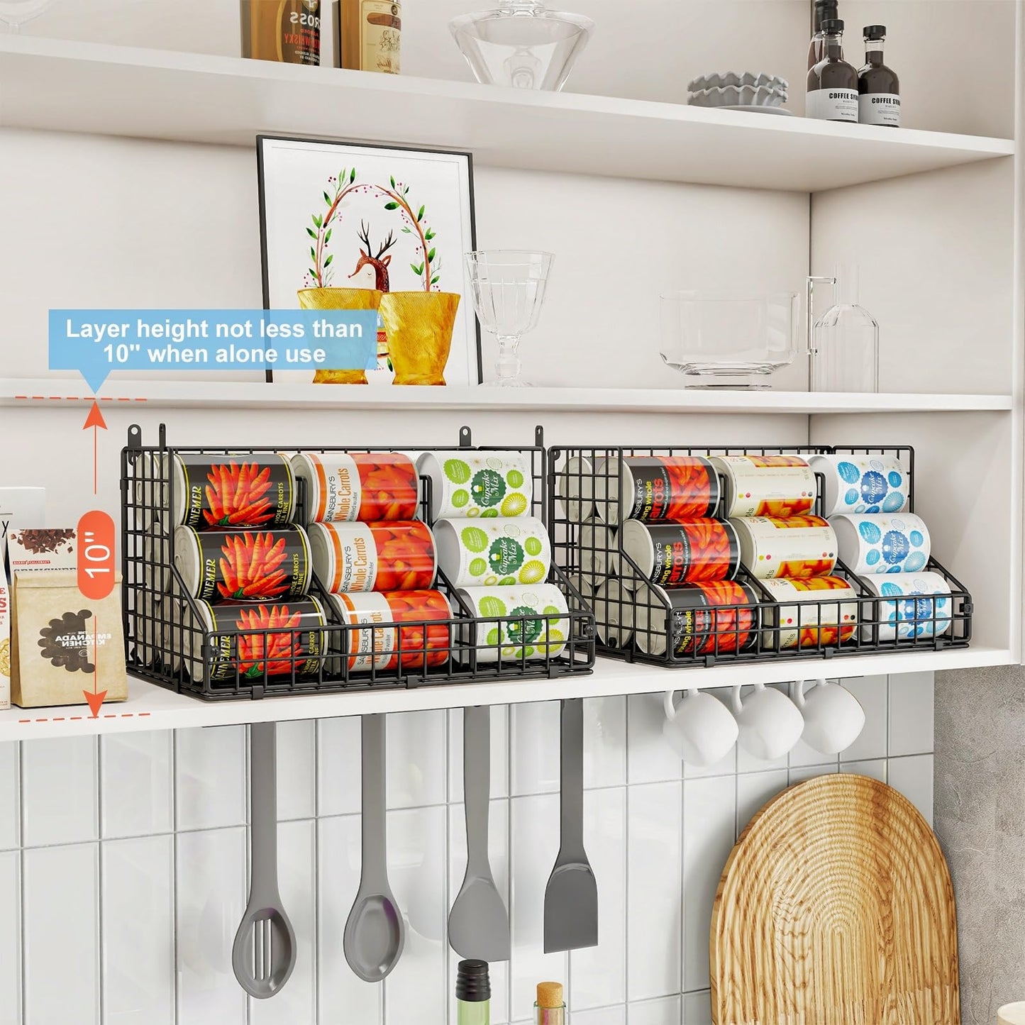 2 Pack Stackable Can Rack Organizer for Pantry Storage,Can Dispensers with 4 Adjustable Dividers, 2-Tier Metal Wire Basket Beverage Pop Soda Rack for Kitchen Cabinet Pantry, Black