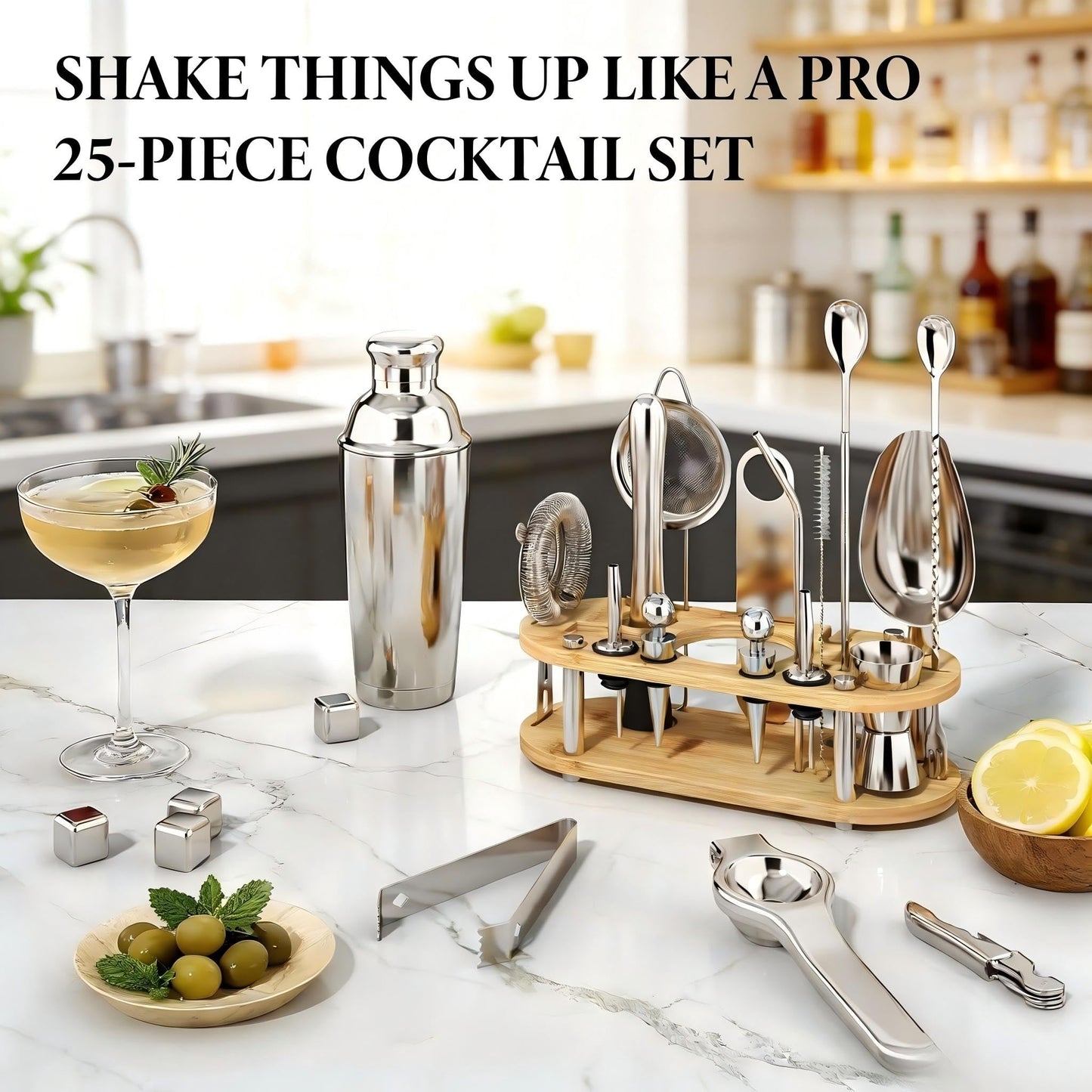 25-Piece Bartender Kit | Stainless Steel Cocktail Shaker Set with Bamboo Stand, 700ml Double-Layer Cocktail Shaker with Full Bar Tools & Recipes, Bar Tool Set for Drink Mixing, Home, Party, Gift Idea