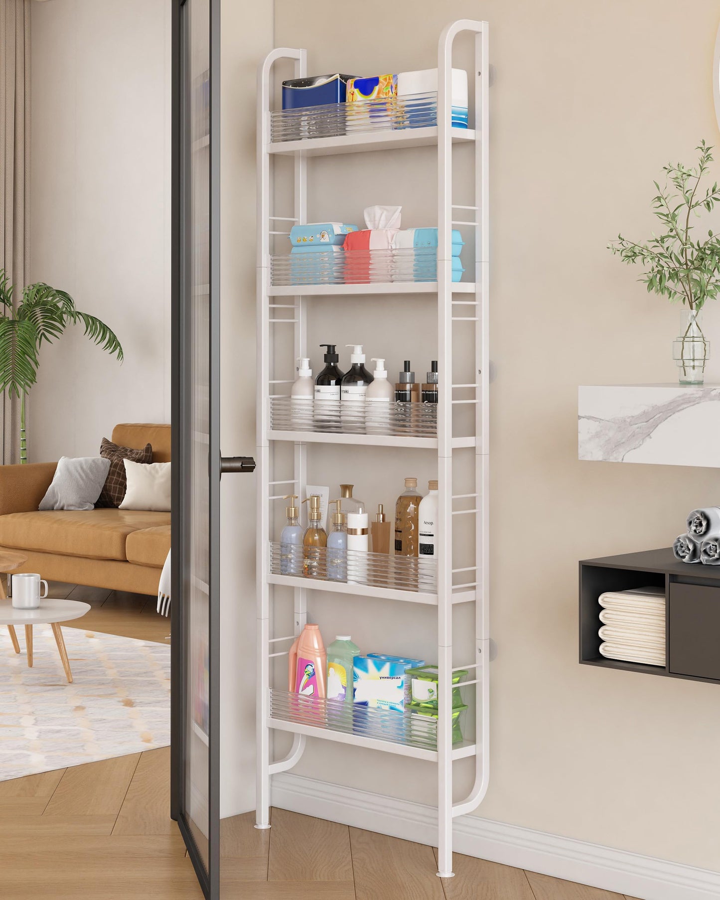 Ornestia Behind Door 5-Tier Narrow Metal Storage Shelf, Tall Slim Freestanding Bathroom Organizer Rack, Space Saving Shelving Unit Bookshelf for Kitchen Washroom Laundry Pantry White